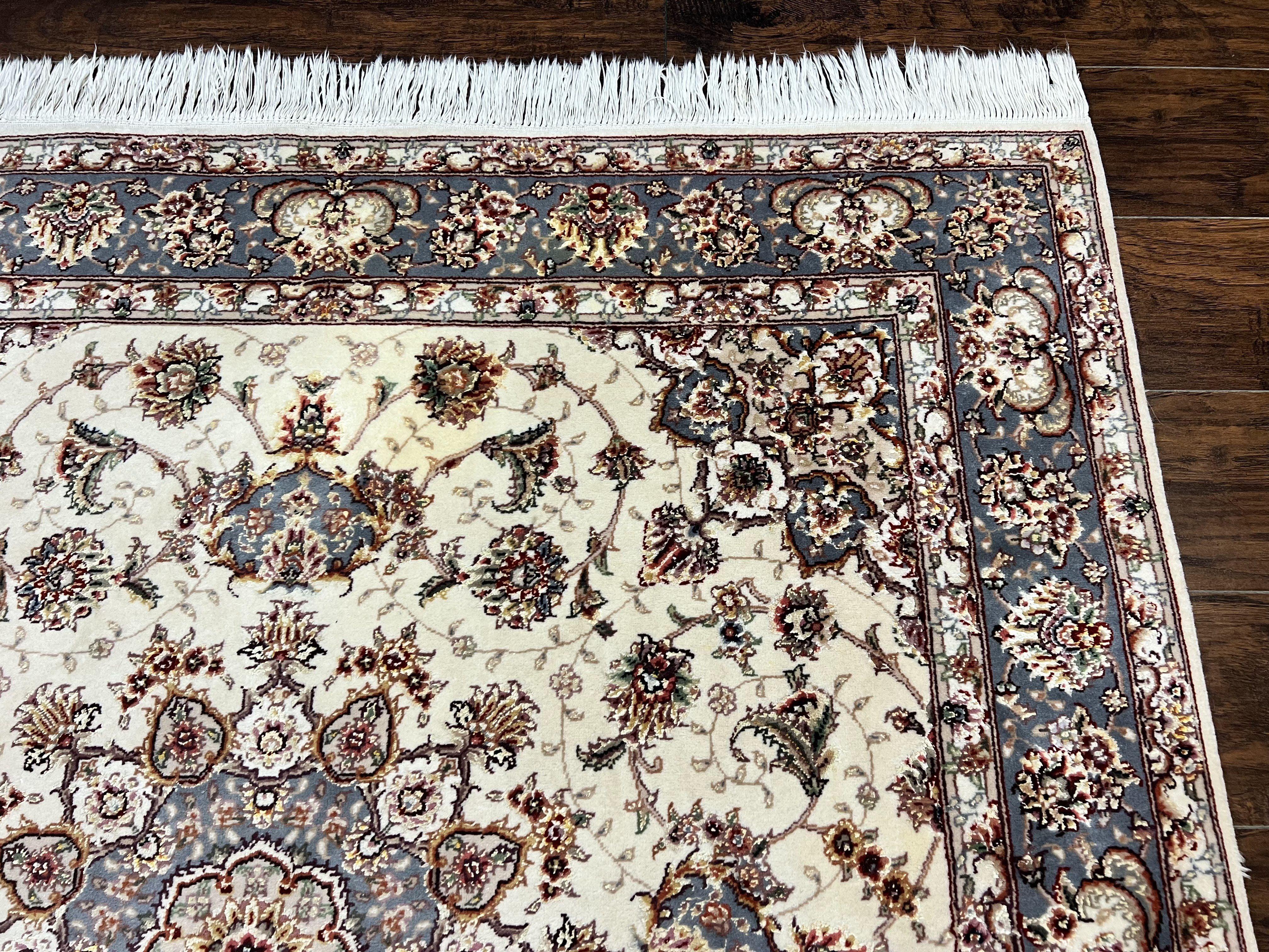 Sino Persian Square Rug 5x5, Very Fine Oriental Carpet, Wool & Silk Highlights, Ivory, Hand Knotted Handmade Vintage Traditional Rug - Jewel Rugs