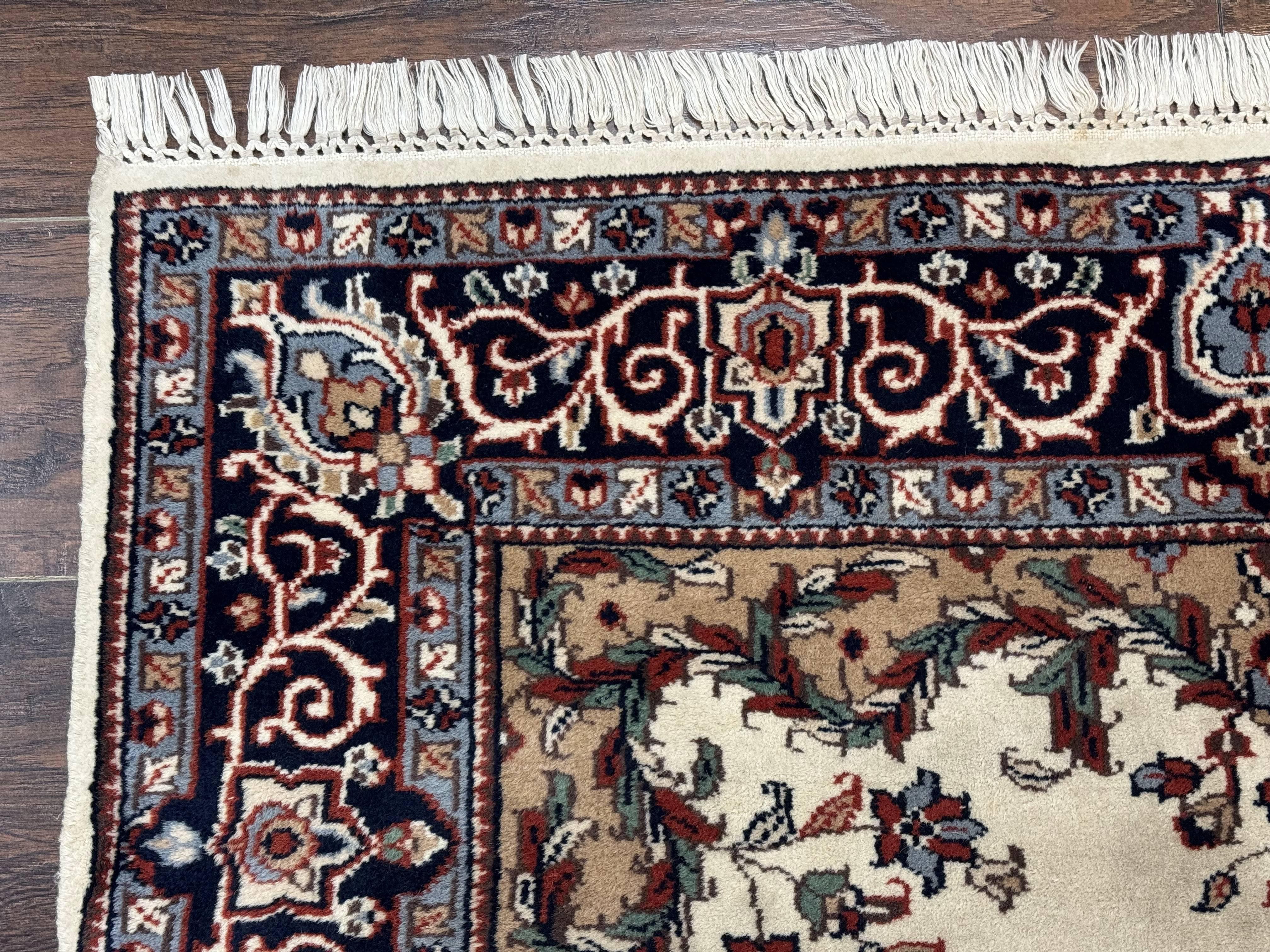 Indian Kashmiri Rug 4x6, Ivory Beige Navy Blue, Traditional Indo Persian Rug - Jewel Rugs