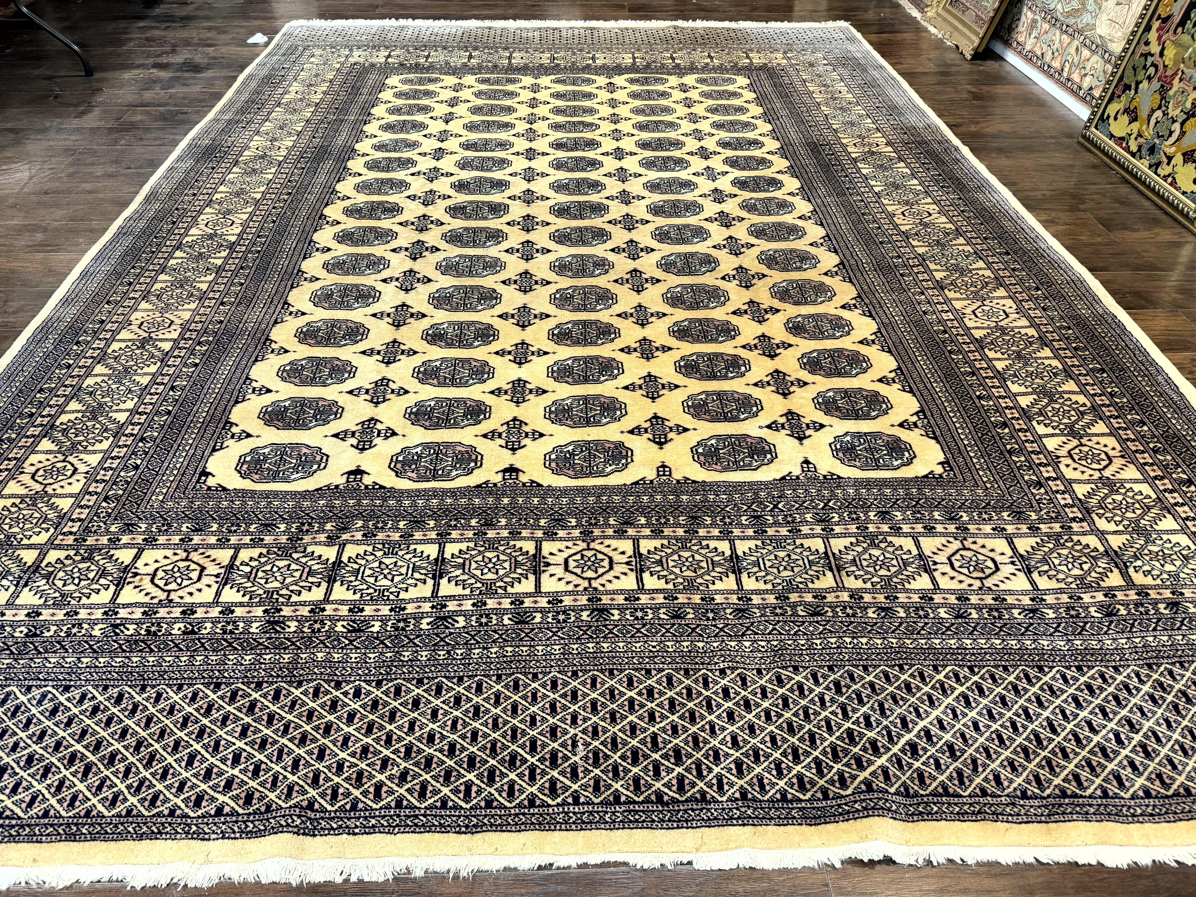 Pakistani Bokhara Turkoman Rug 9x11, Cream, Handmade Wool Vintage Carpet - Jewel Rugs