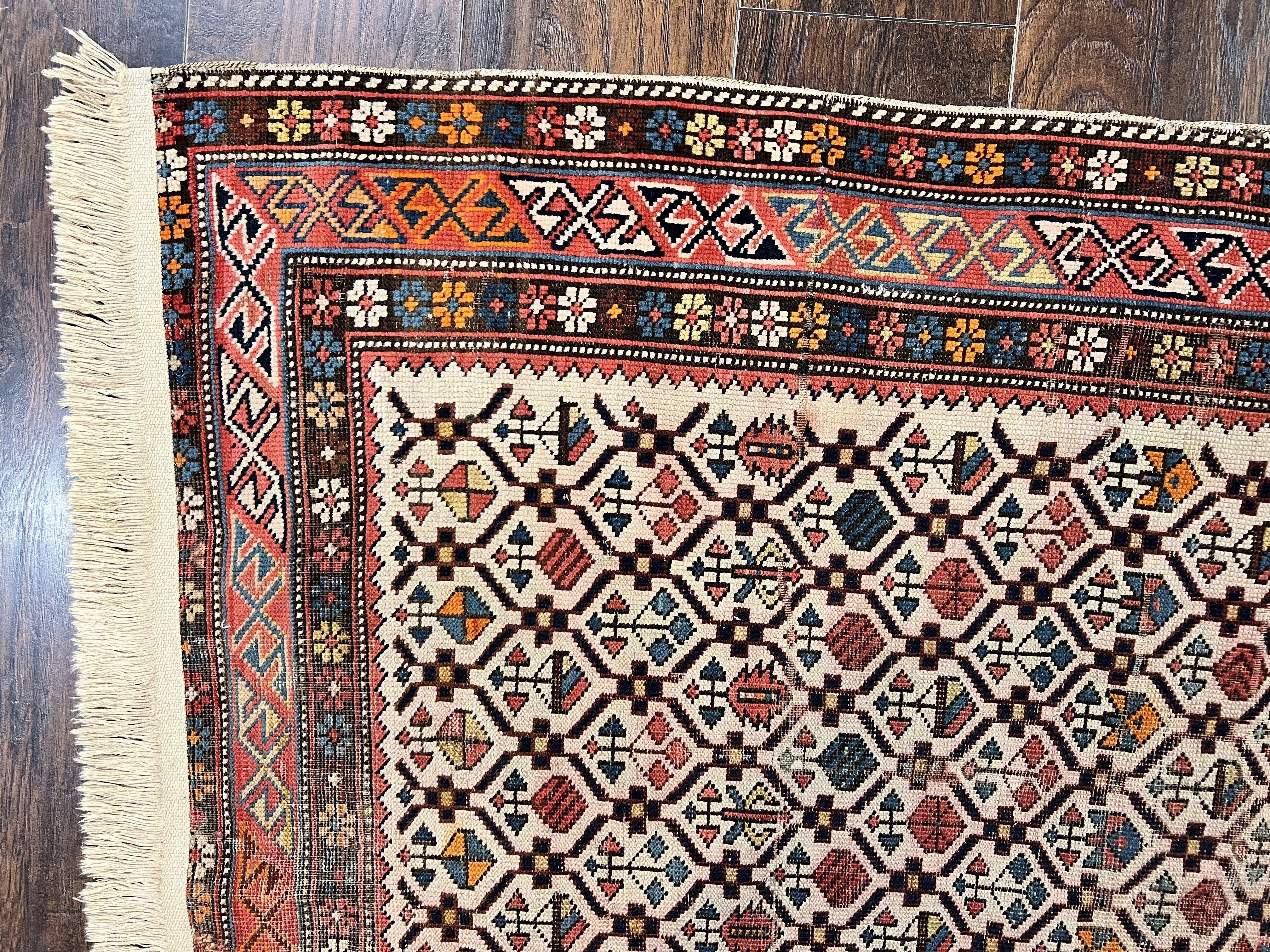 Antique Caucasian Rug 4x5, Hand Knotted Handmade Shirvan Oriental Carpet, Ivory Red Rug Allover Pattern, Rare Wool Rug, Tribal Geometric Rug - Jewel Rugs