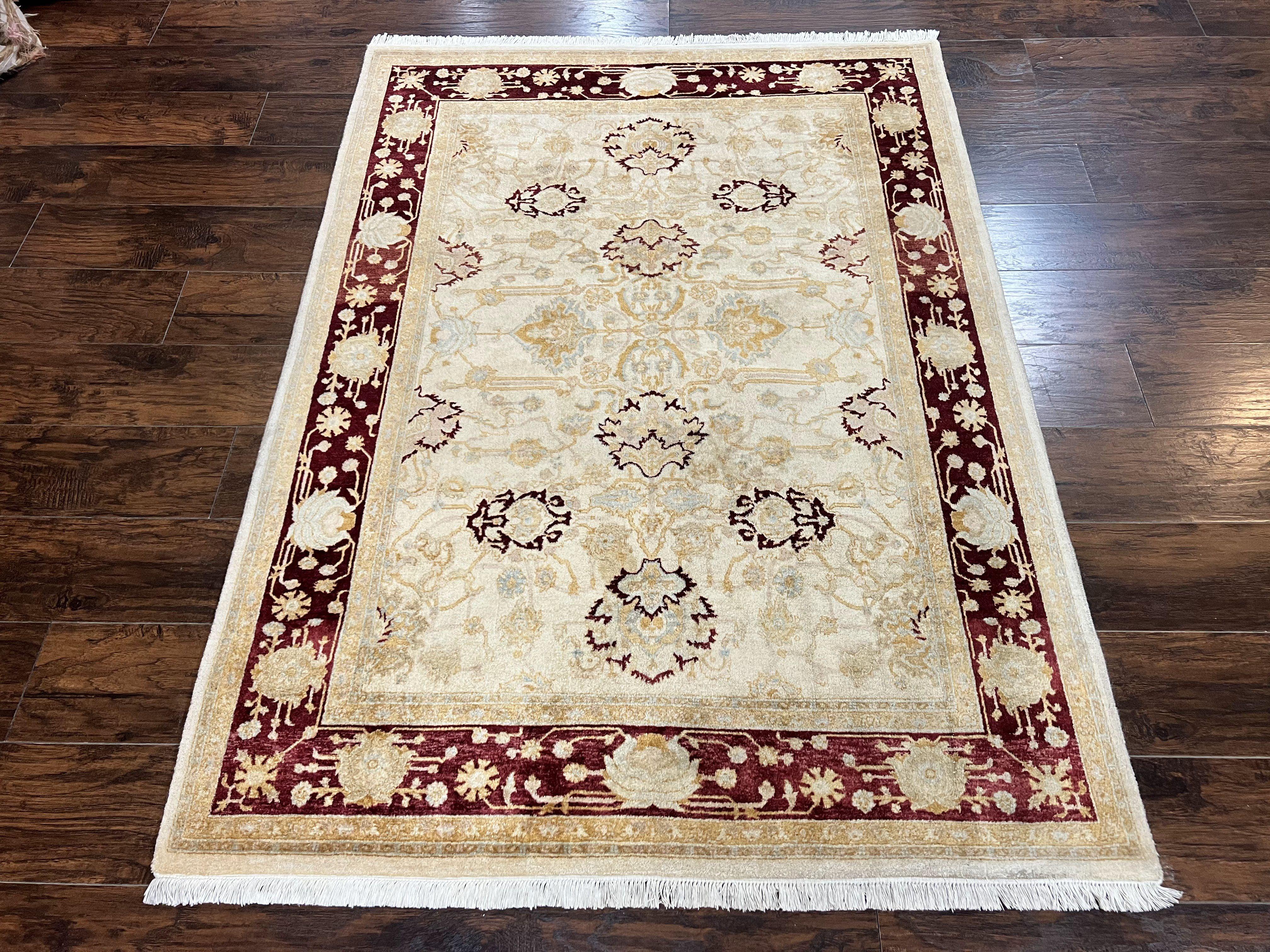 Peshawar Rug 5x7, Beige and Maroon, Vintage Handmade Wool Traditional Carpet 5 x 7 ft, Pakistani Rug, Agra Pattern, Very Fine 260 KPSI - Jewel Rugs