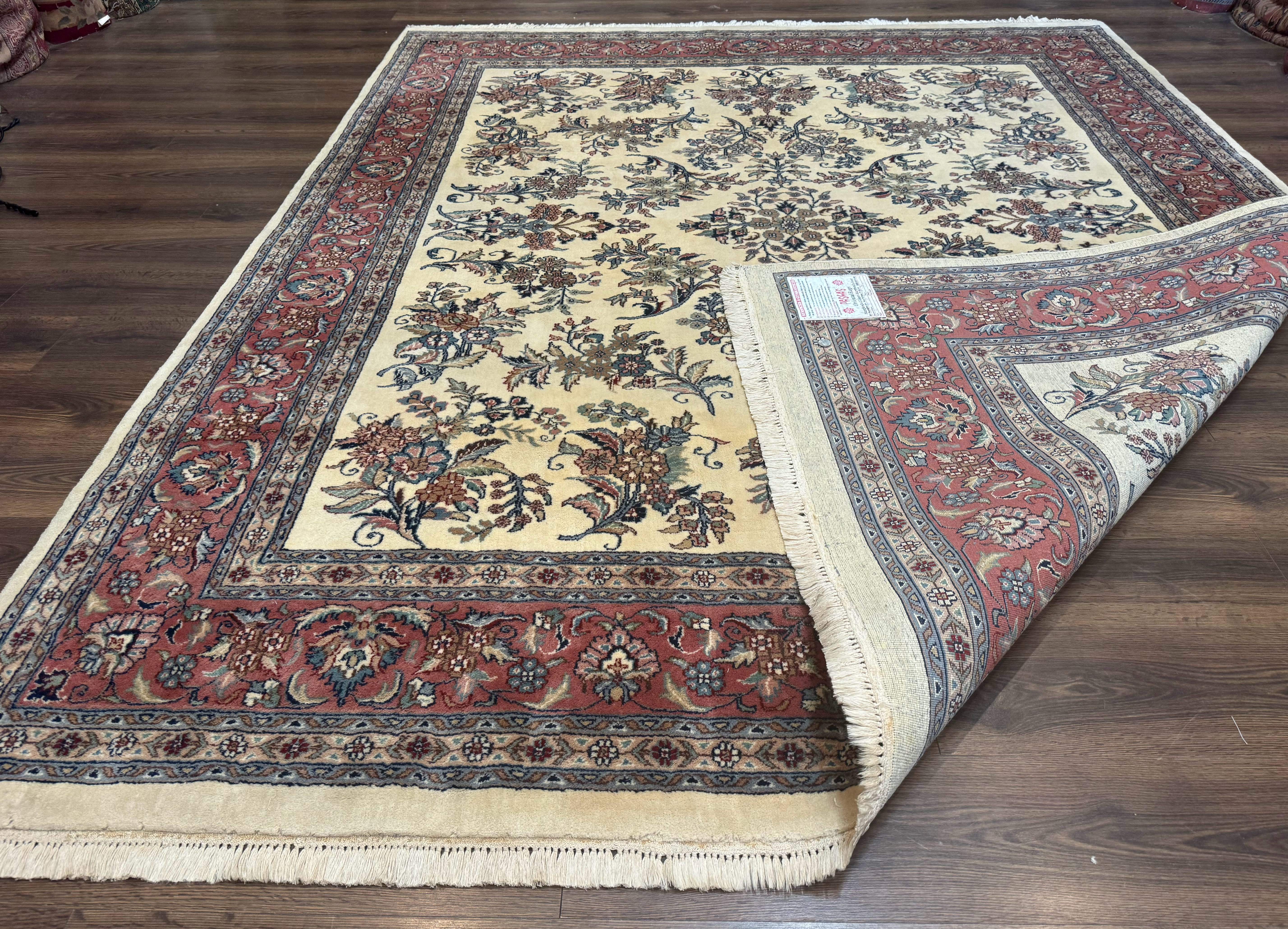 Indo Persian Sarouk Rug 8x10, Ivory and Pink, Floral - Jewel Rugs