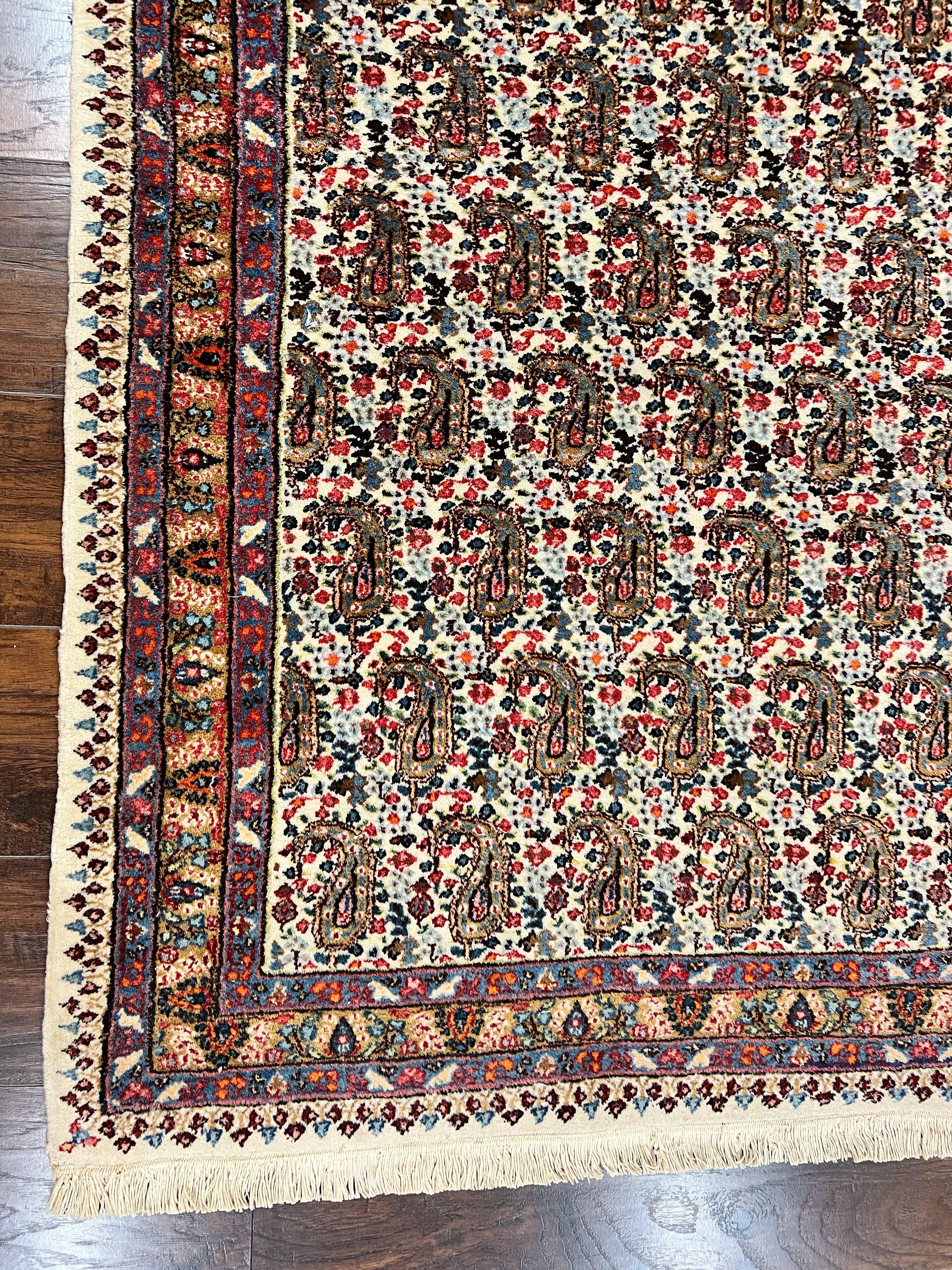 Persian Rug 4x6, Mashad Kashmar Rug, Boteh Paisley Design, Allover Repeated Pattern, Ivory Hand Knotted Vintage Semi Antique Persian Oriental Carpet - Jewel Rugs