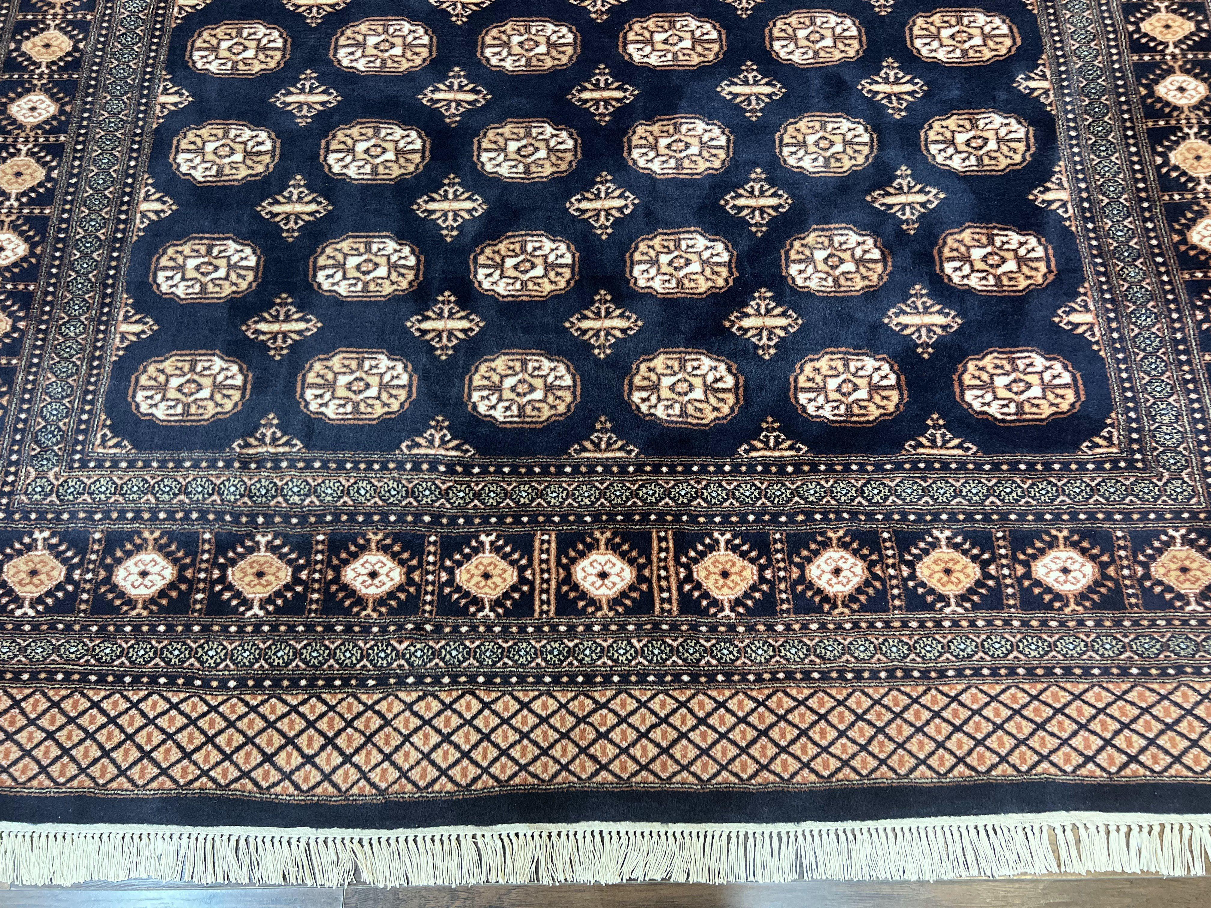 Pakistani Bokhara Rug 8x10, Turkoman Carpet 8 x 10, Dark Blue Ivory Cream Tan, Hand Knotted Vintage Handmade Wool Tribal Rug - Jewel Rugs