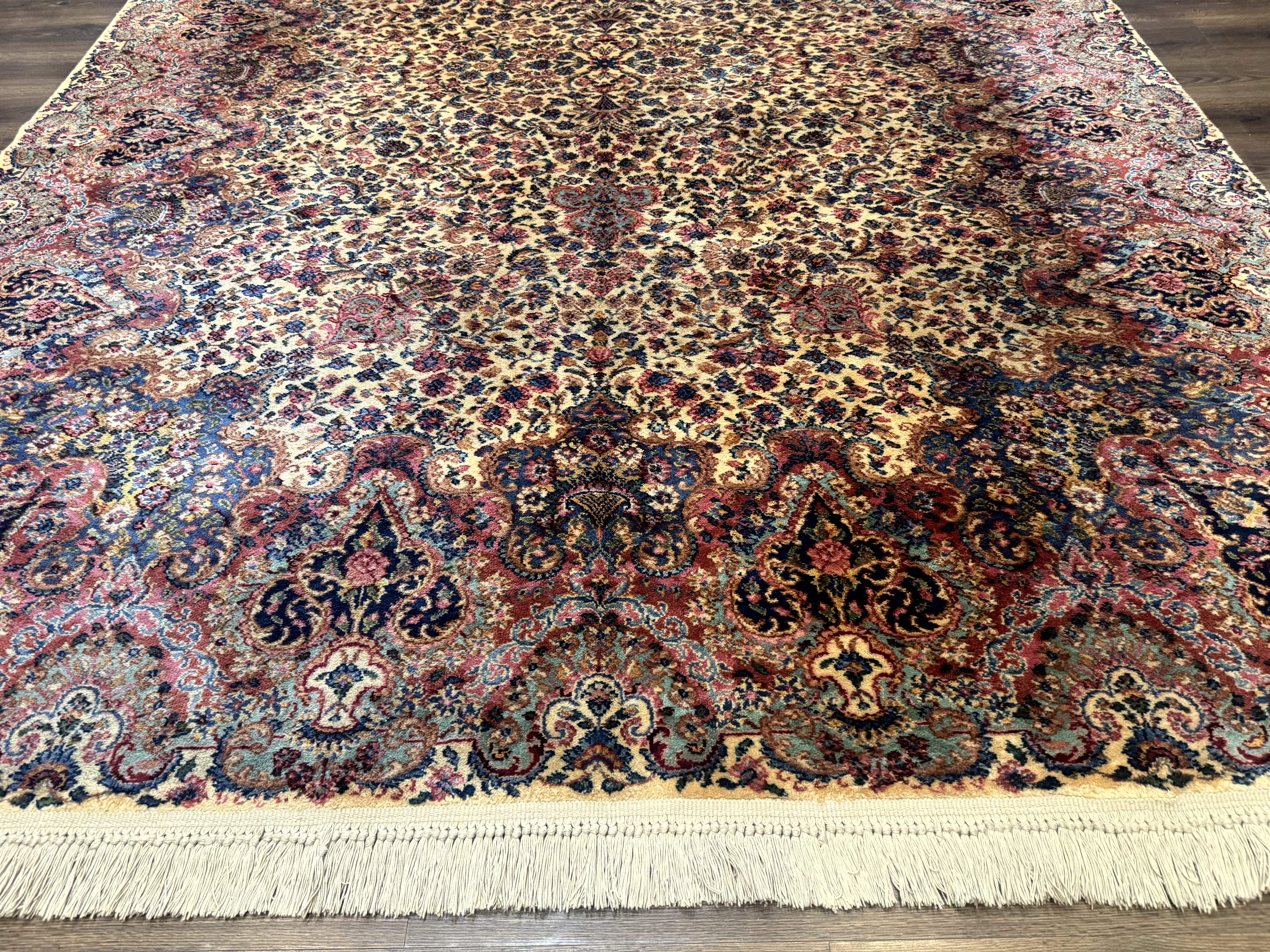 Karastan Ivory Floral Kirman Rug 8.8 x 12, Wool Vintage Discontinued - Jewel Rugs