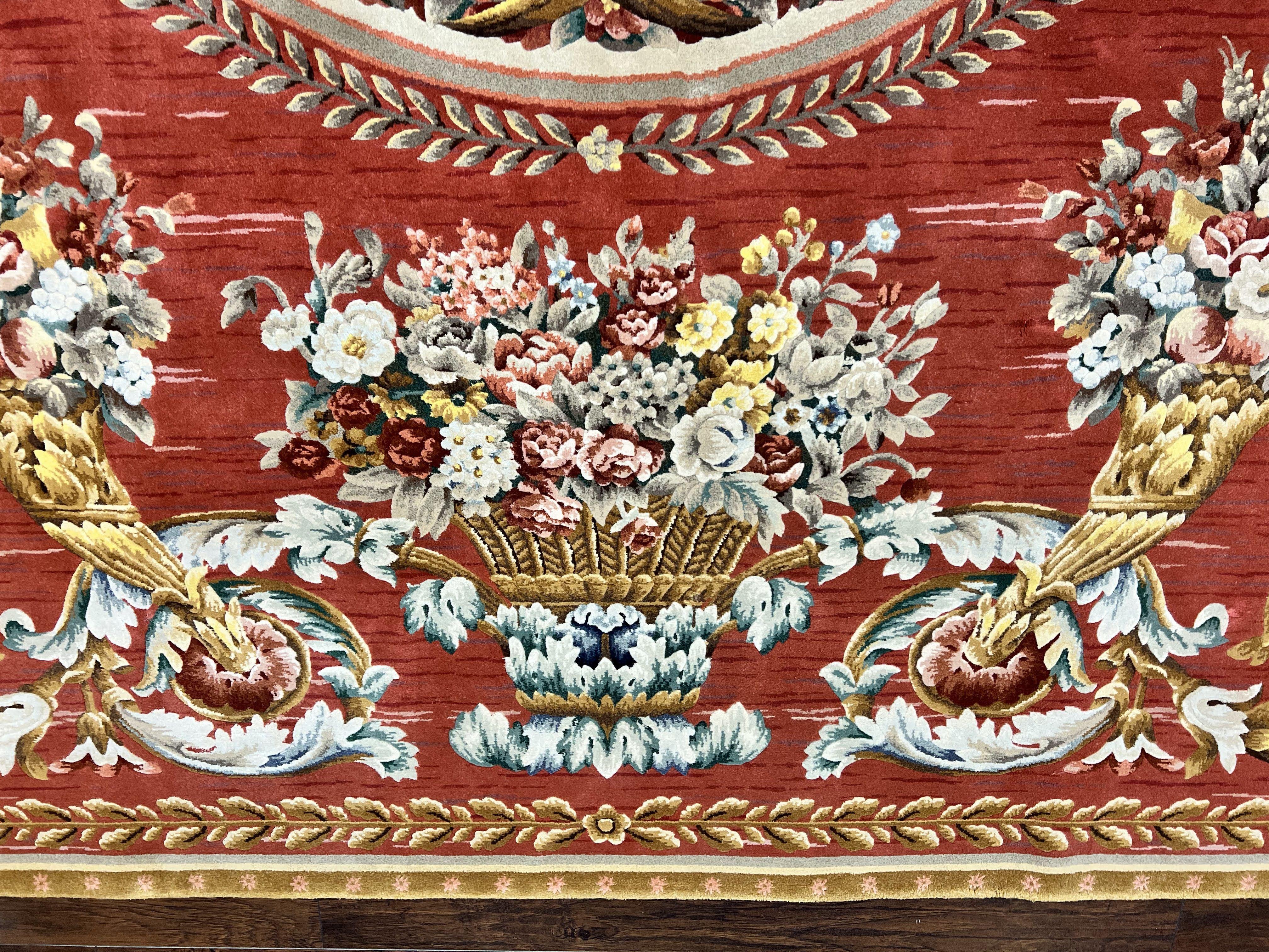 Aubusson Rug 10x12, Large Handmade Aubusson Wool Pile Vintage Stark Carpet 10 x 12, Savonnerie French European Design Floral Bouquets, Red - Jewel Rugs