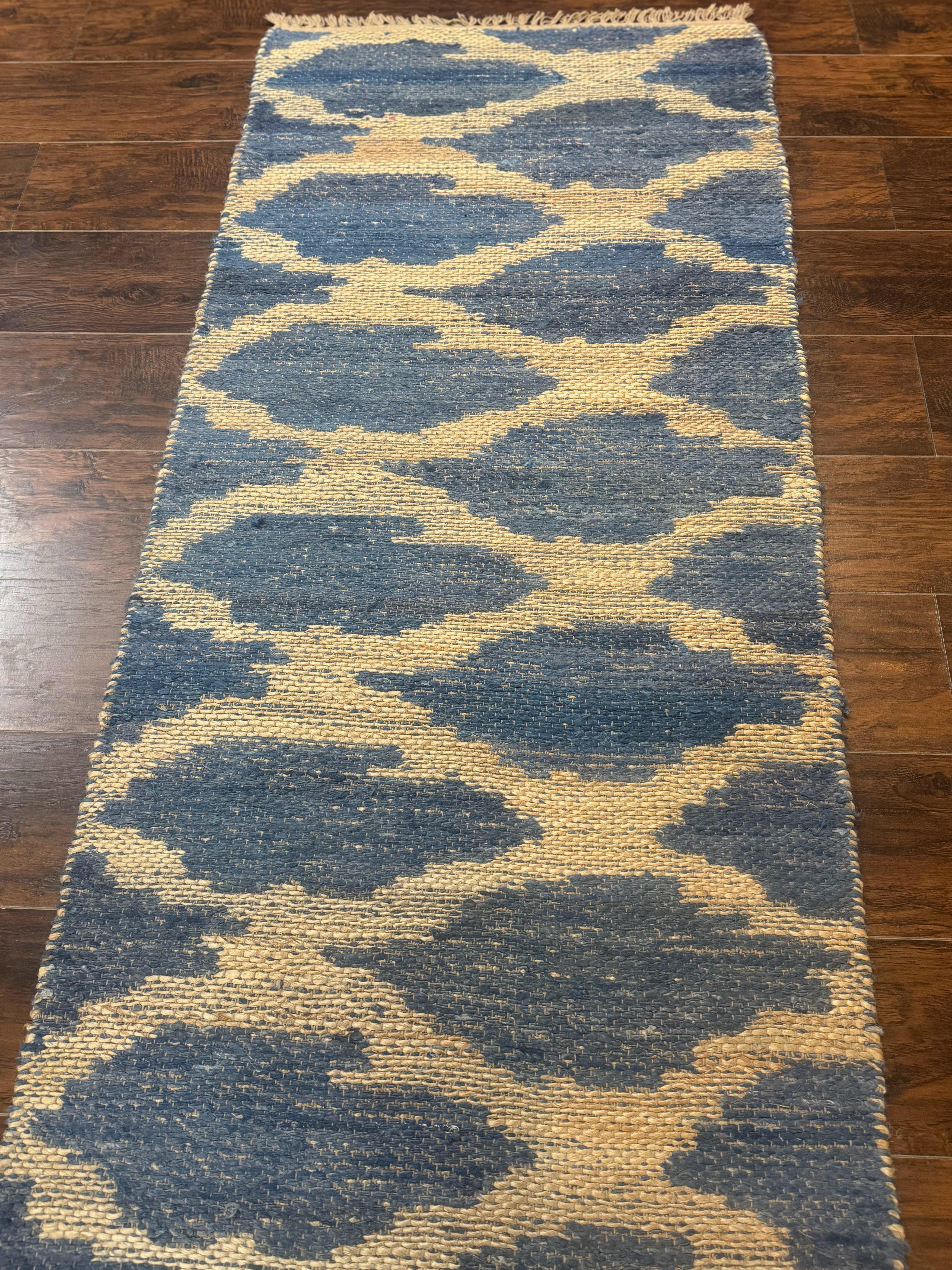 Modern Jute Runner Rug 2.9 x 7.9, Beige and Blue, Handwoven, Kaleen Rug - Jewel Rugs