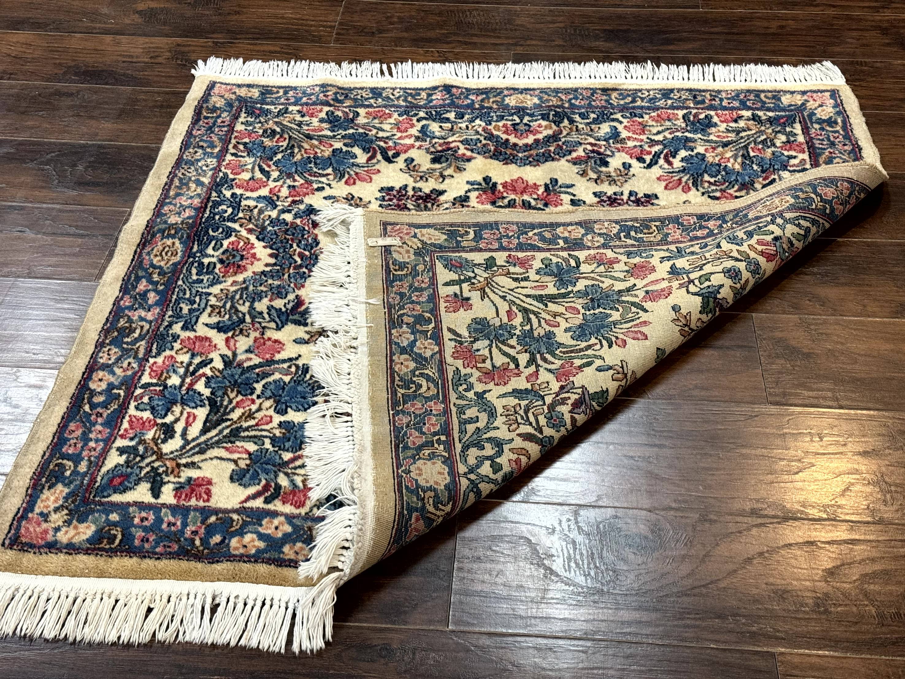 Square Persian Kerman Rug 4x4, Ivory Blue Pink, Handmade, Fine 225 KPSI - Jewel Rugs