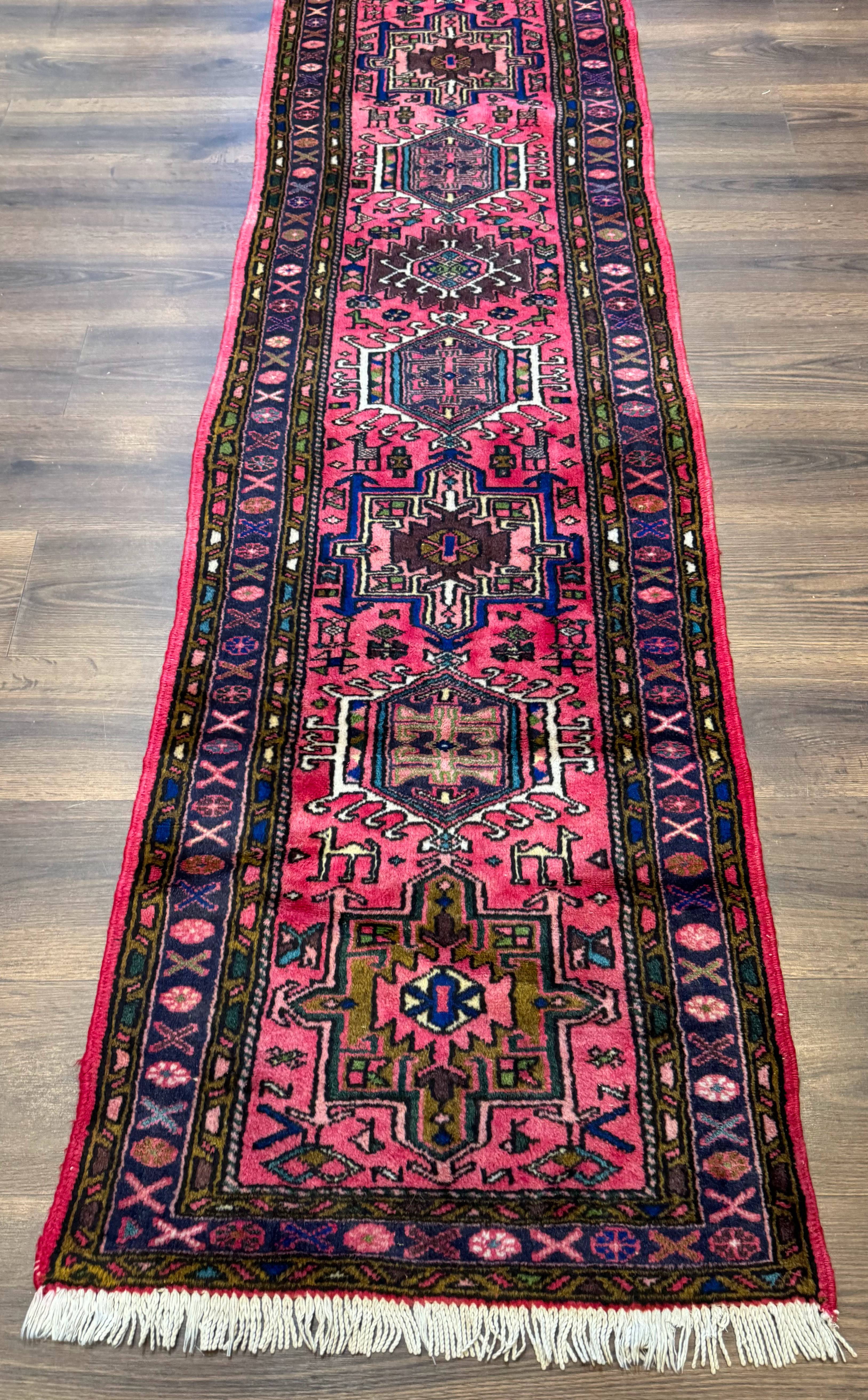 Vintage Persian Karajeh Runner Rug 2 x 9.8, Pink and Navy, Geometric Design - Jewel Rugs