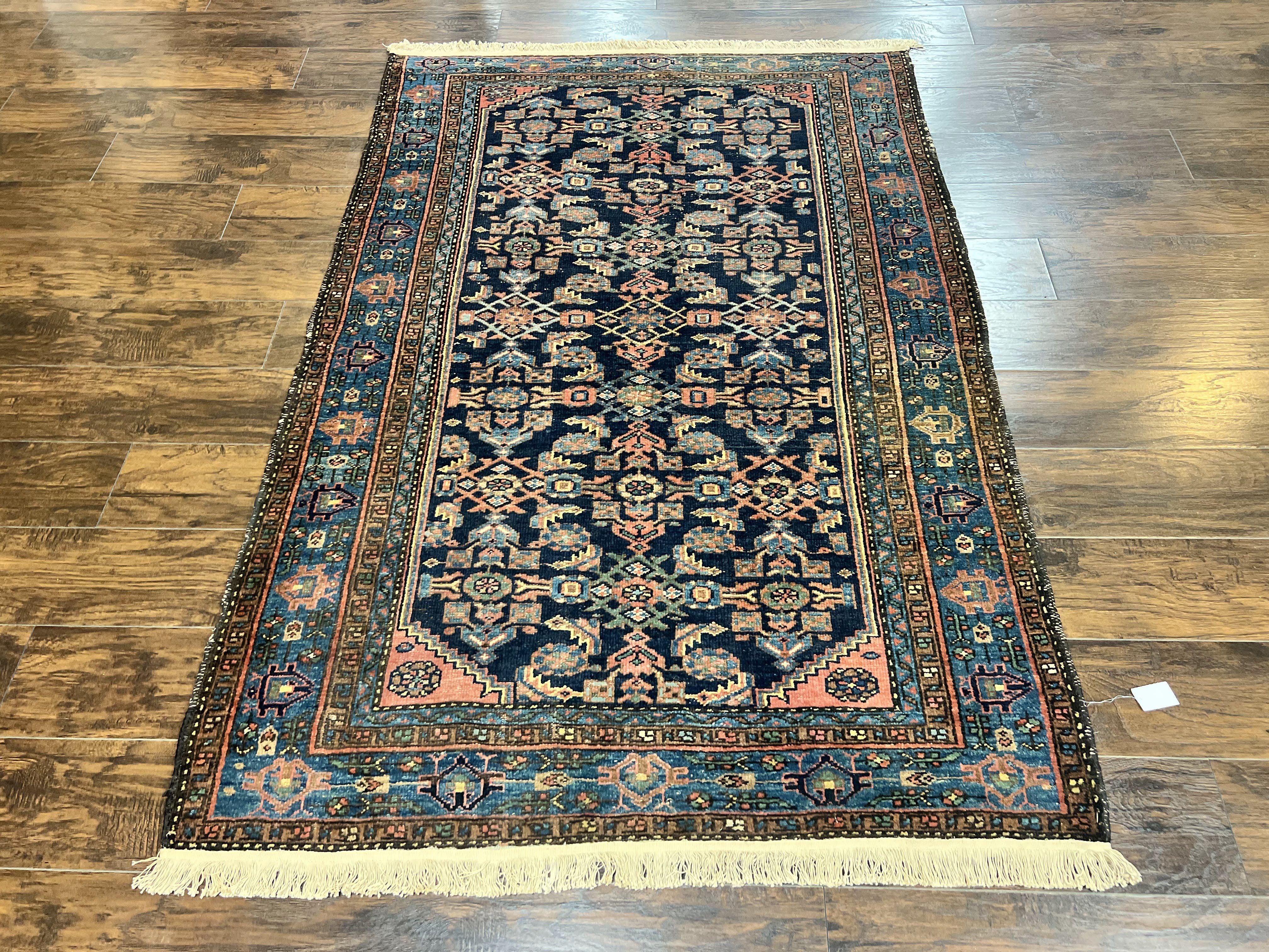 Antique Persian Tribal Rug 5x7, Navy Blue & Pink, Hand Knotted Handmade 1920s Wool Rug, Allover Pattern, Persian Hamadan Rug - Jewel Rugs