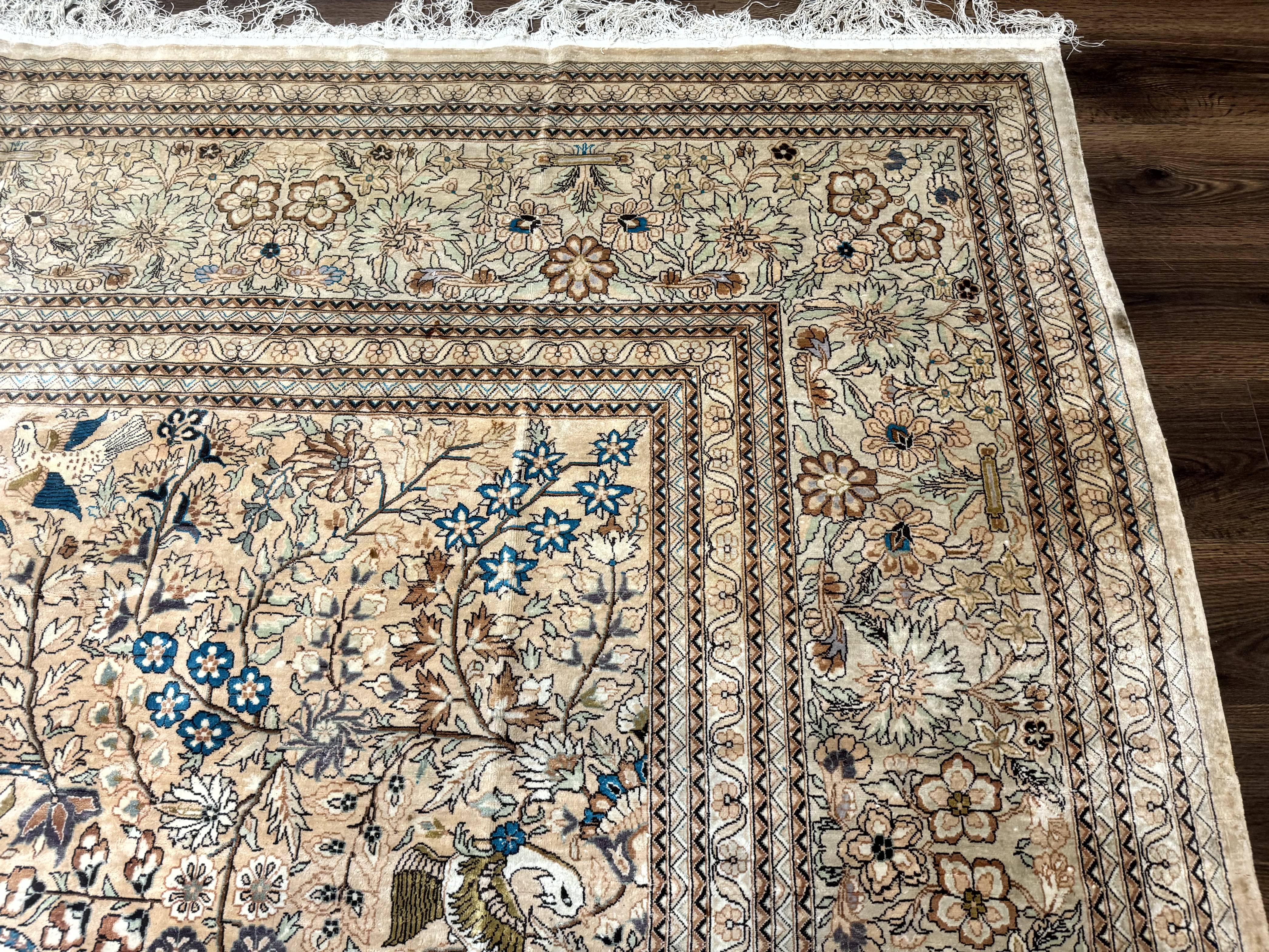 Indian Kashmiri Rug 9x14 Tree of Life Silk on Silk Animal Pictorials - Jewel Rugs