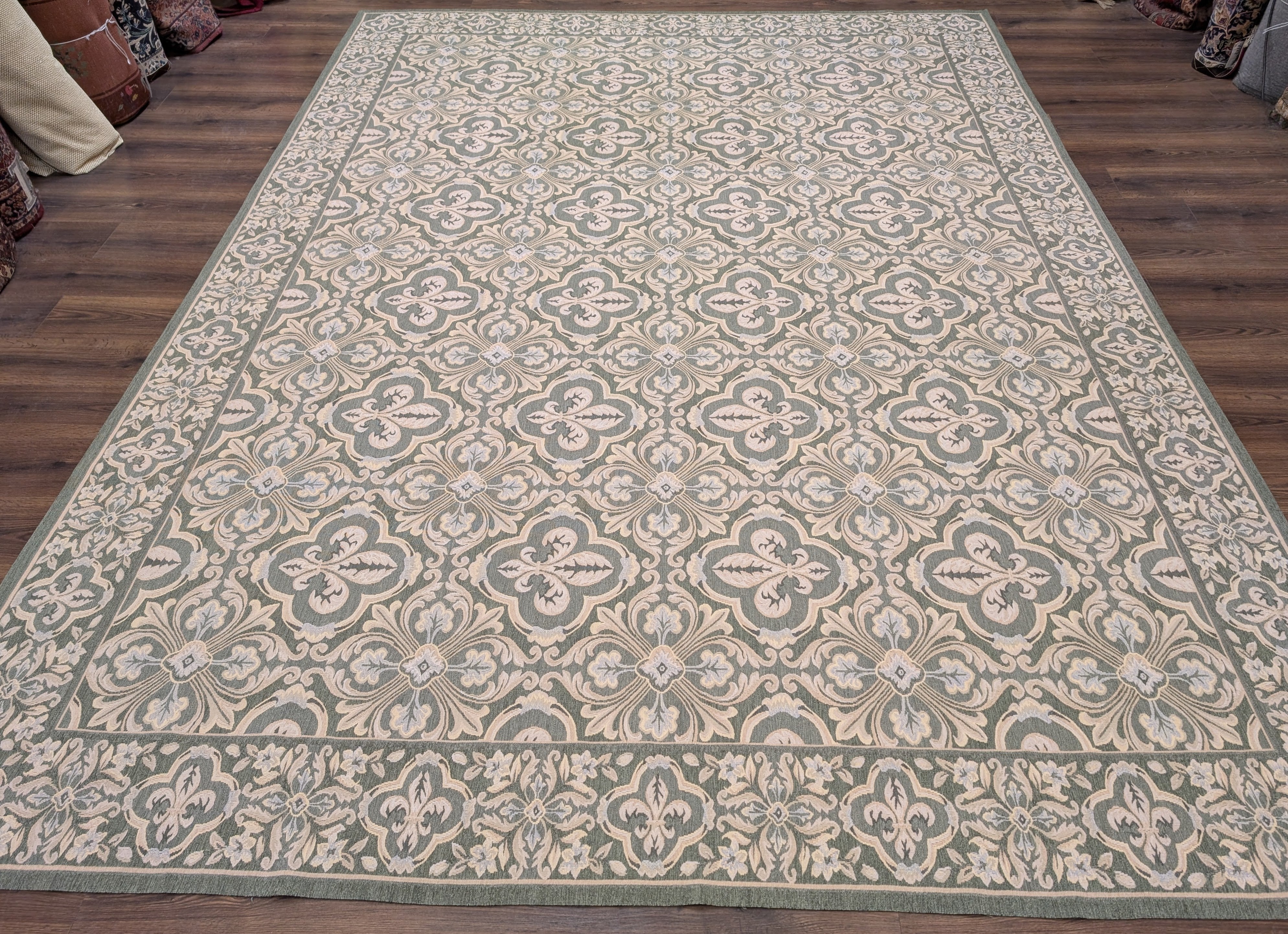 Green Aubusson Rug 9x12, European Design, Wool - Jewel Rugs