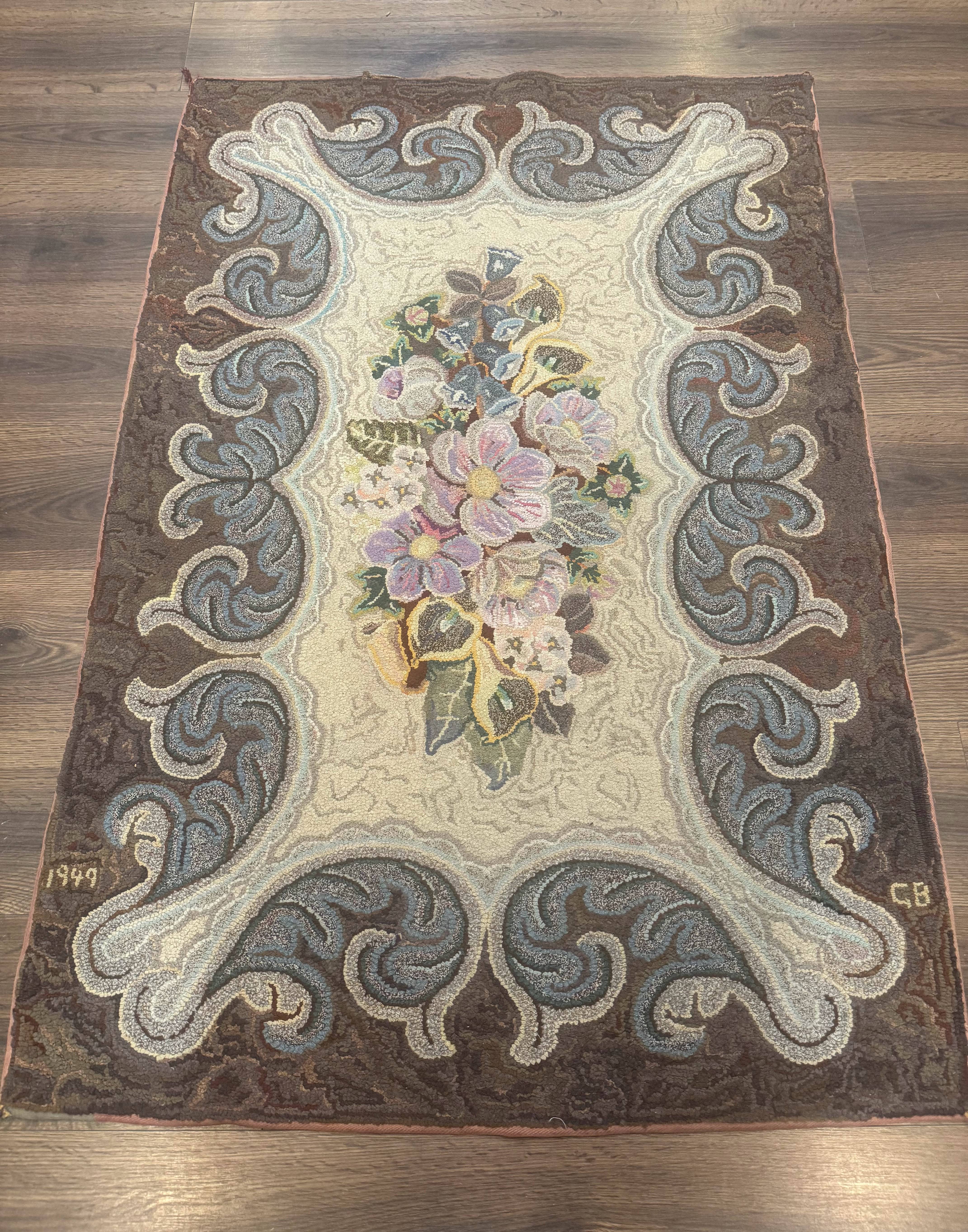 Antique American Hooked Rug 3 x 4.6, Vintage, Floral - Jewel Rugs