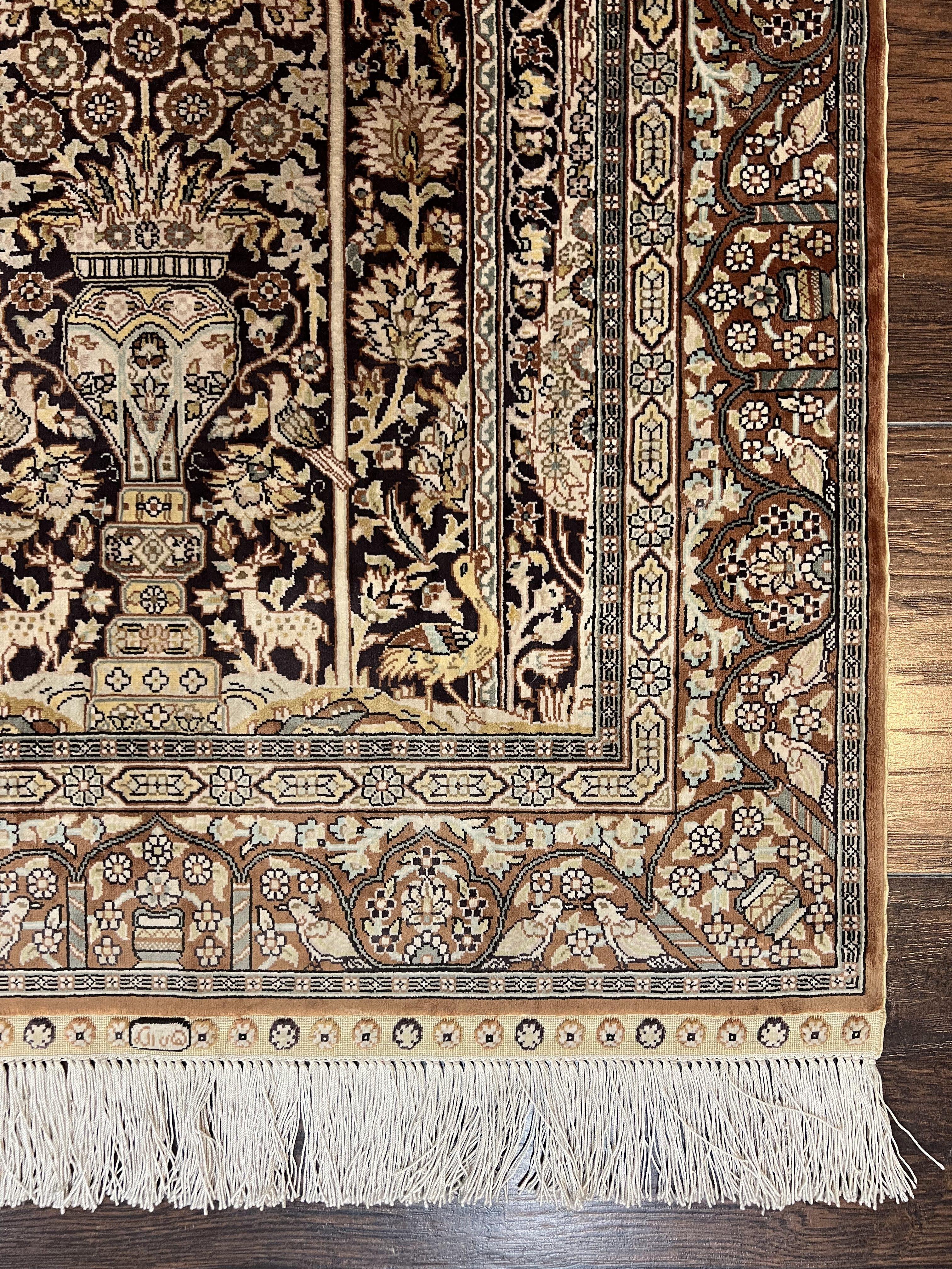 Turkish Silk Hereke Rug 2x3, Floral Vase Tree of Life Birds, Silk Pile on Silk Foundation, Vintage Oriental Carpet, Very Fine, Signature - Jewel Rugs