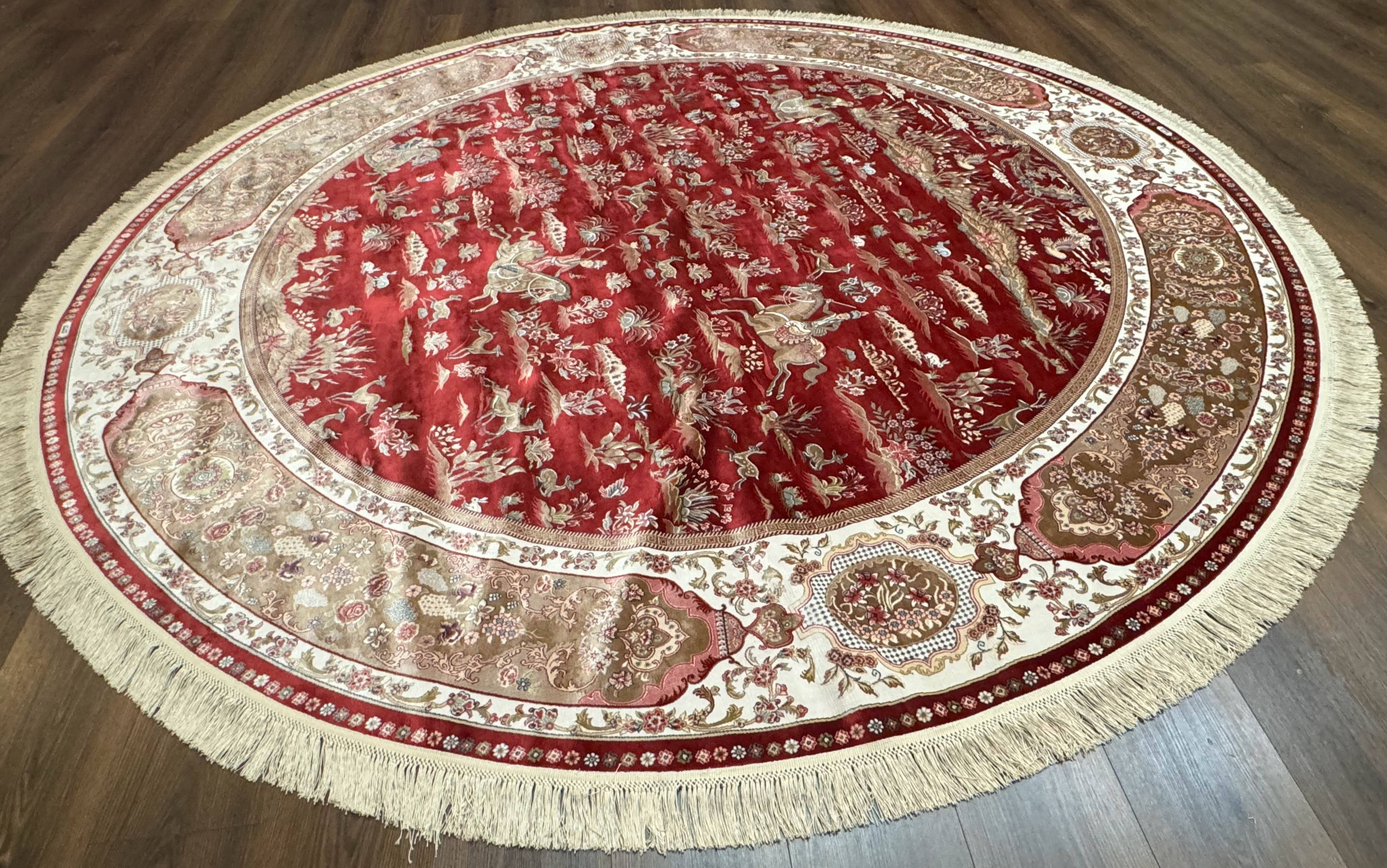 Large Round Turkish Silk Rug 8x8, Hunting Design, Dark Red & Ivory, Bamboo Silk - Jewel Rugs