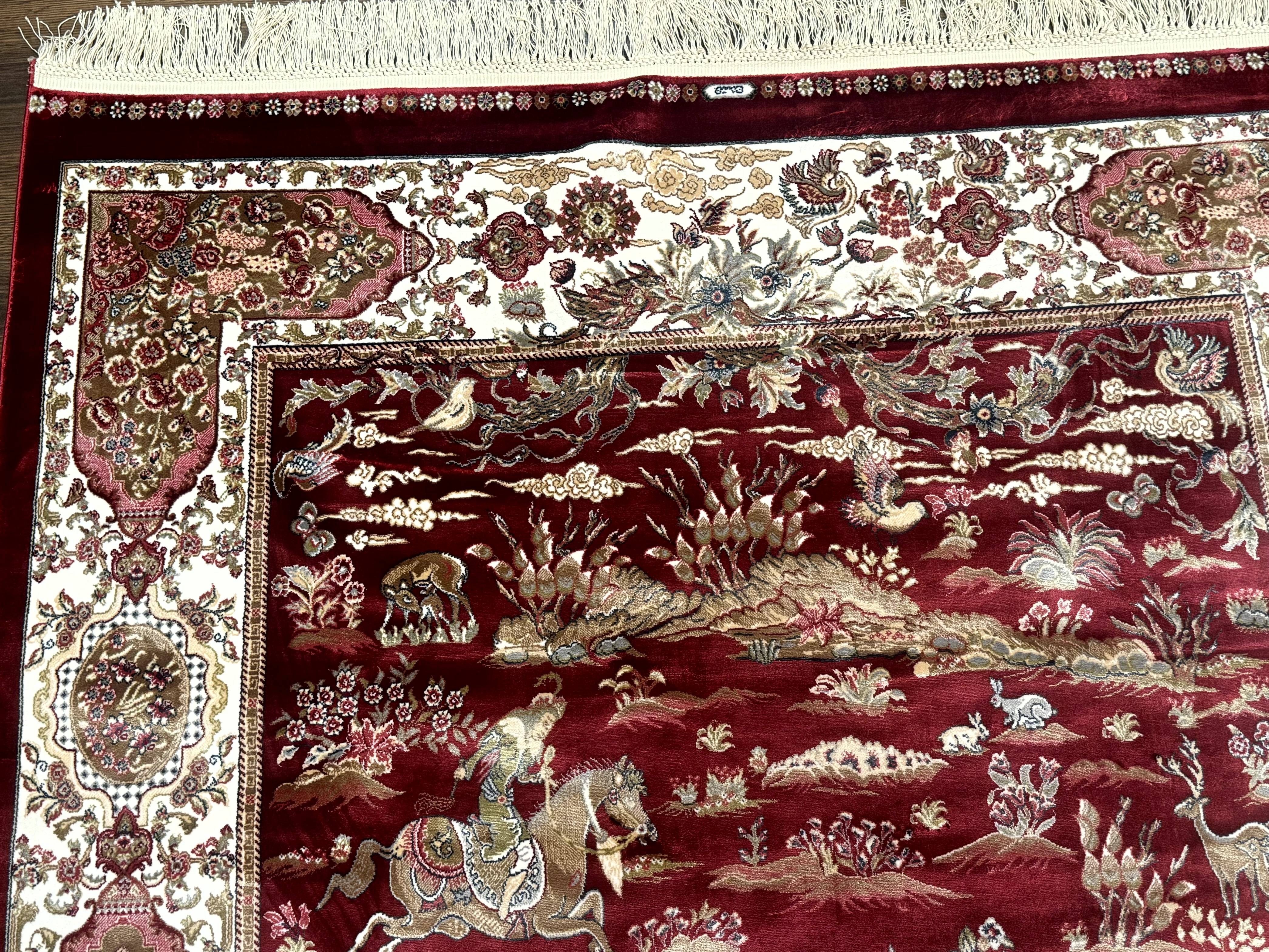 Turkish Silk Hunting Design Rug 4x6, Dark Red & Ivory, Bamboo Silk, New - Jewel Rugs