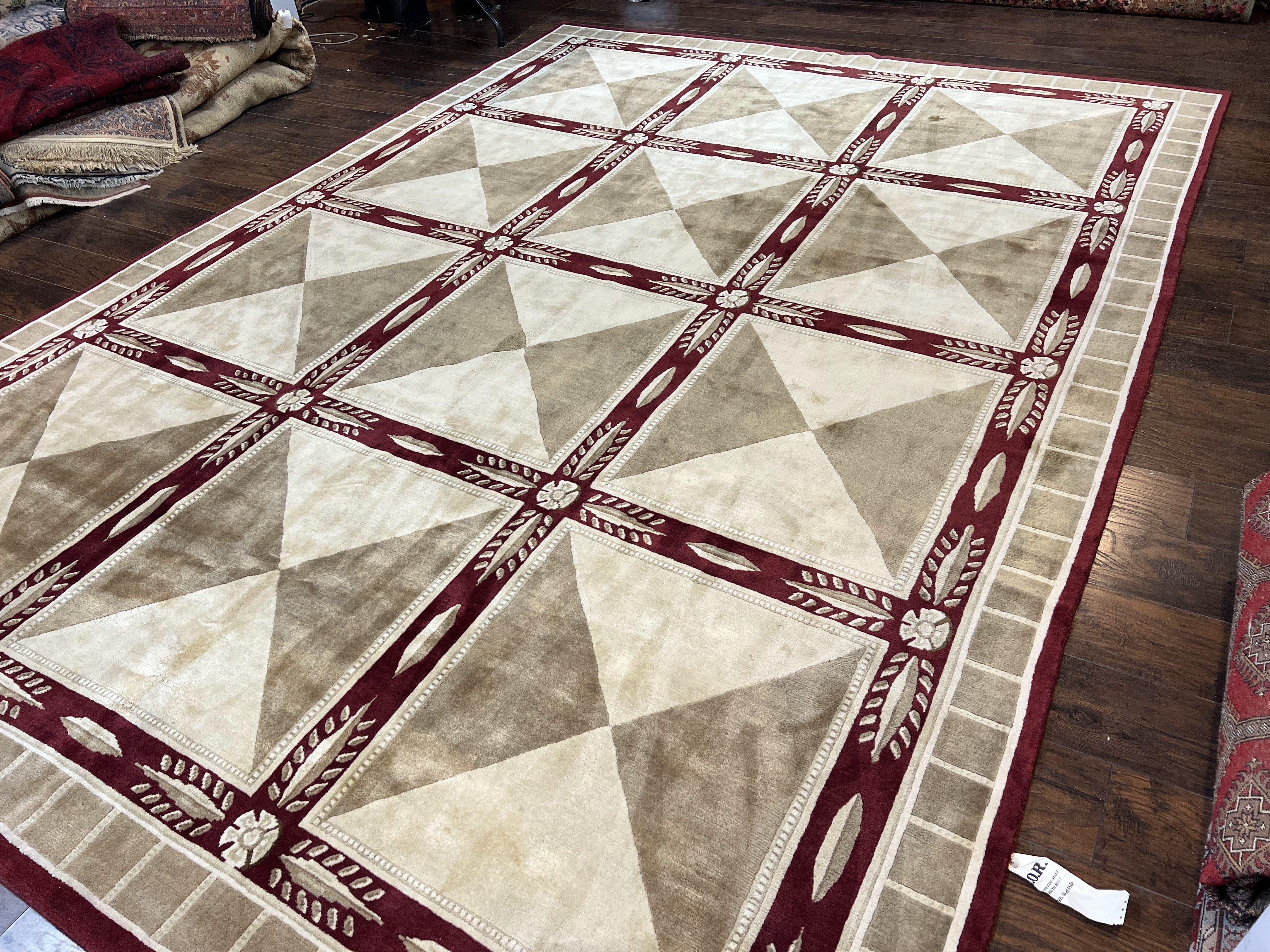 Indo Tibetan Rug 10x14, Nepali Carpet, Large Soft Wool Area Rug, Olive Tan Maroon, Contemporary Rug 10 x 14 ft Living Room Rug, Handmade Rug - Jewel Rugs