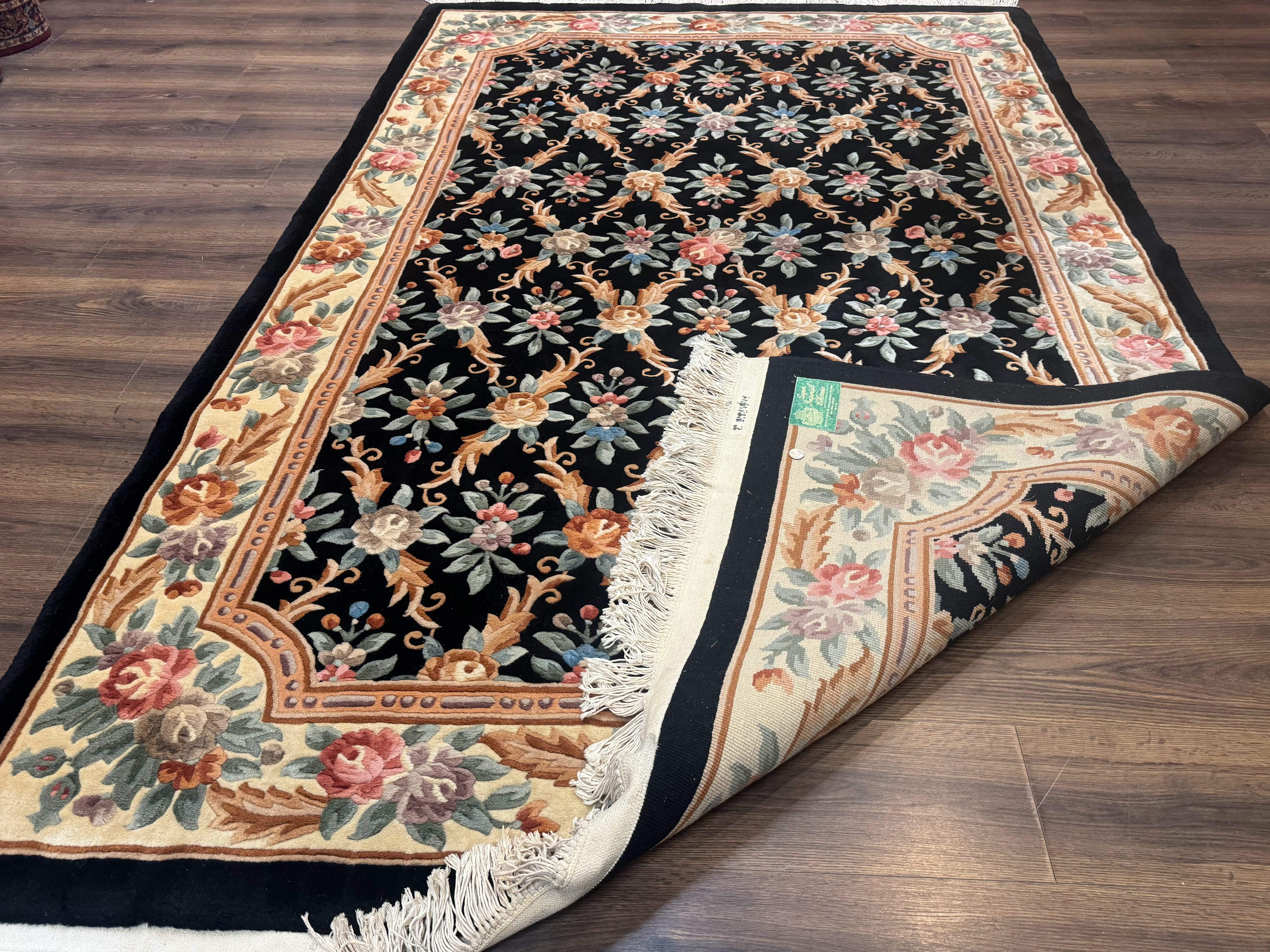 Chinese Wool Rug 6x9, Floral Aubusson Carpet, Black and Cream, 90 Line Rug - Jewel Rugs