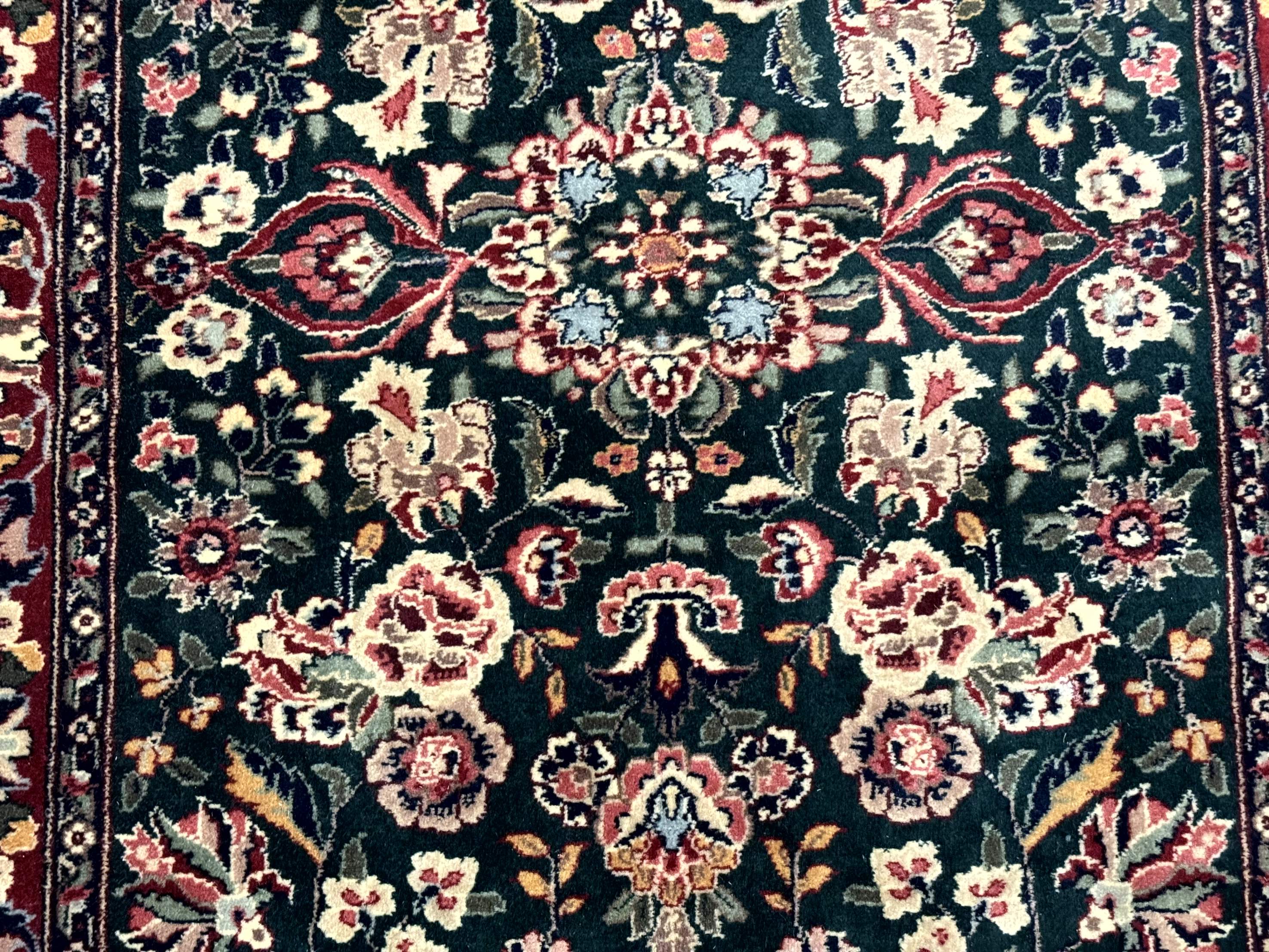 Pak Persian Runner Rug 3x12 – Dark Green and Wine Red, Hand-Knotted Wool, Vintage - Jewel Rugs