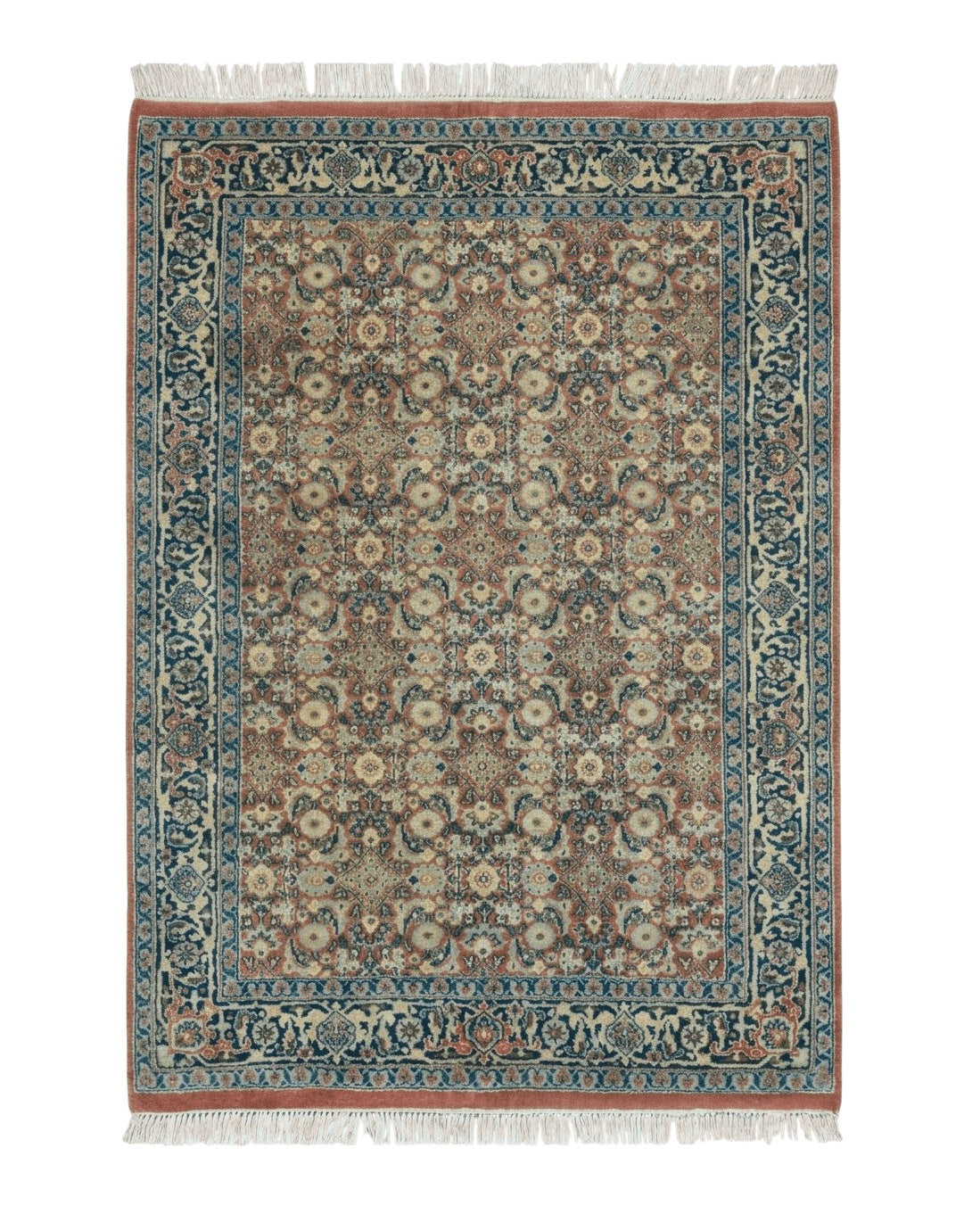 Indo Persian Rug 4x6, Floral Allover, Wool India 4' 2" x 6' 1" in Rust and Navy Blue - 2605J051