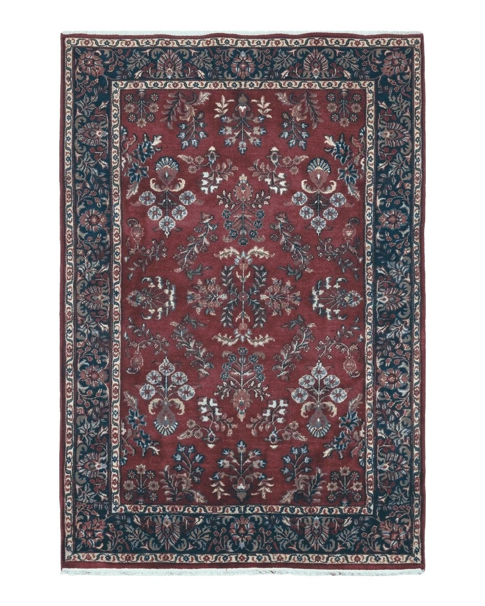 Indo Persian Rug 4x7, Floral India 4' 1" x 6' 6" in Dark Red and Navy - 2605J050