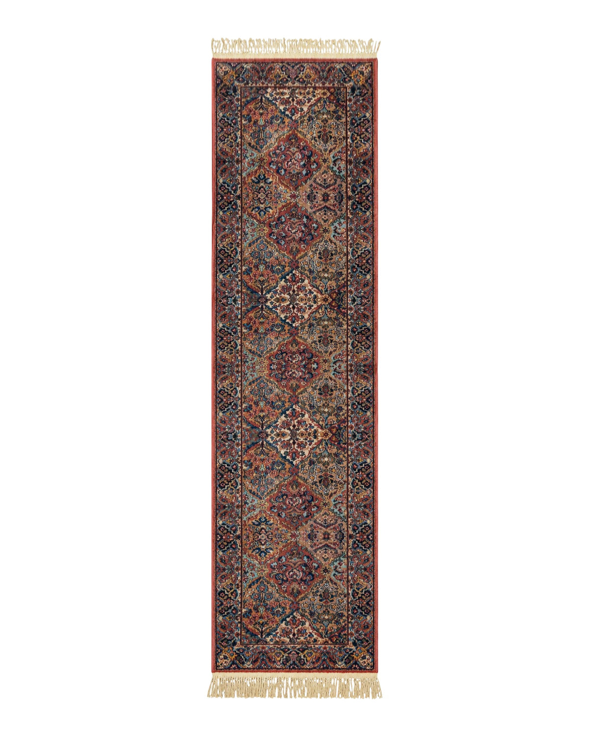 Karastan Runner Rug 2.6 x 12, Multicolor Panel Kirman #717, Wool, Rare USA 2' 6" x 12' in Red, Blue, Light Yellow, Light Green, Teal, Ivory, Multicolor - 2605L002