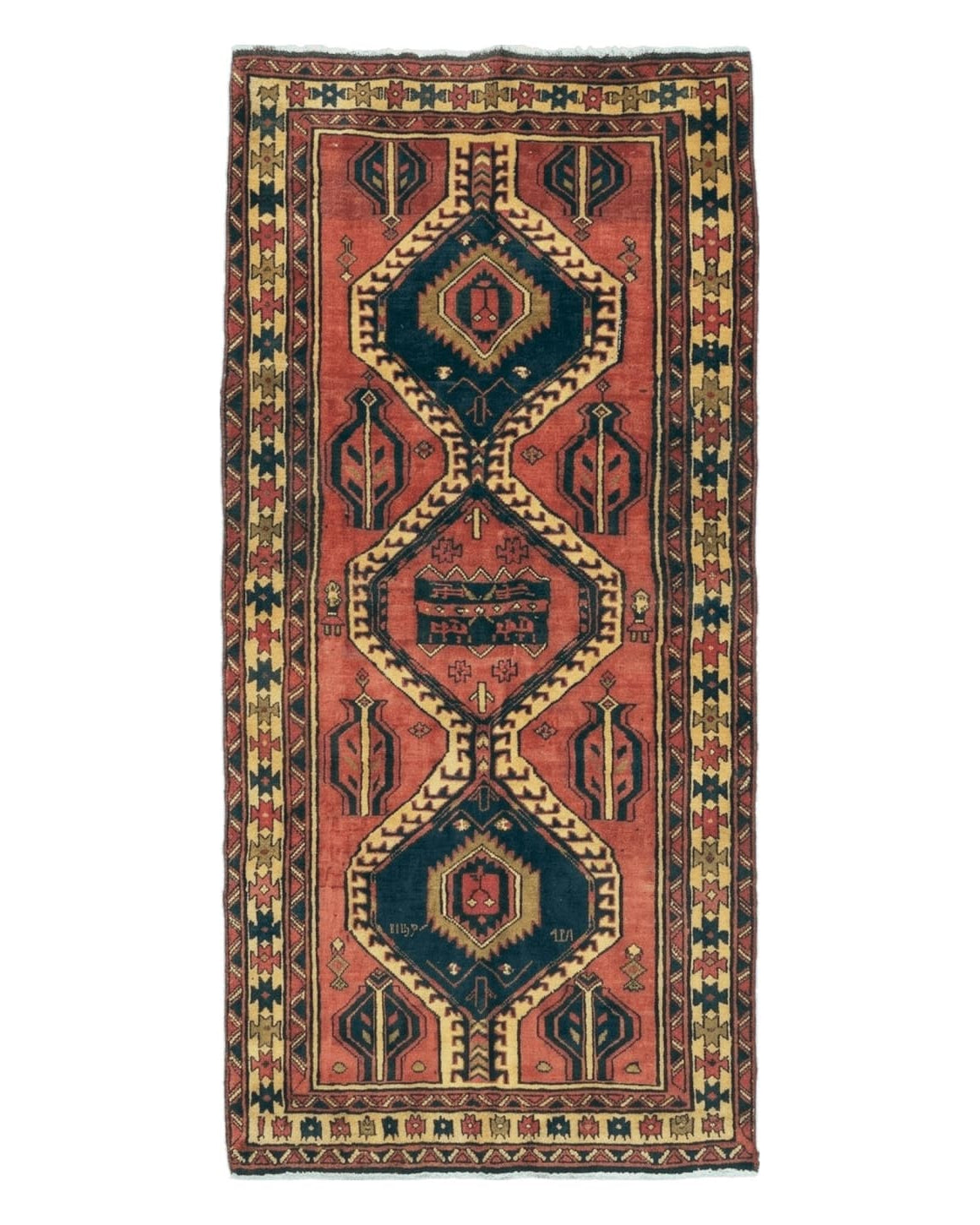 Persian Runner Rug 3x7, Tribal Geometric, Semi Antique Azerbaijan 3' 4" x 7' in Terracotta Red and Navy Blue - 2605J007