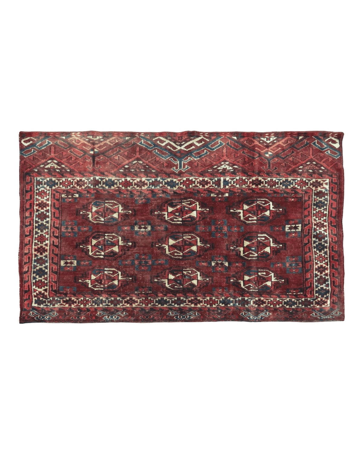 Persian Turkoman Rug 4x2, Antique Tribal Seat Cushion Azerbaijan 4' 2" x 2' 5" in Deep Red and Navy Blue, Cream - 2604J017