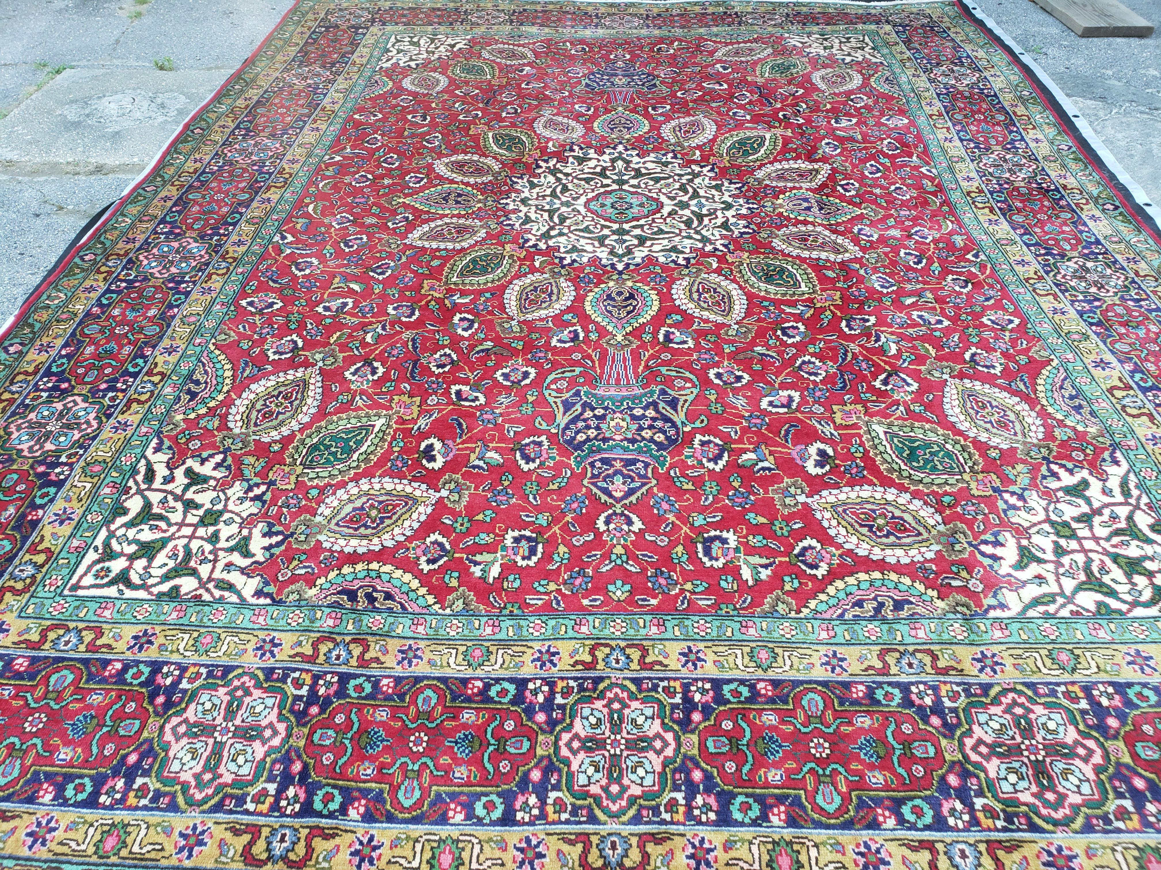 Antique Persian Tabriz Rug 9' 7" x 12' 9", Central Medallion, Persian Vases, Flowers, Curvilinear Vines, Red Blue Ivory, 10x13, Hand-Knotted, Wool, Mustafi Design - Jewel Rugs