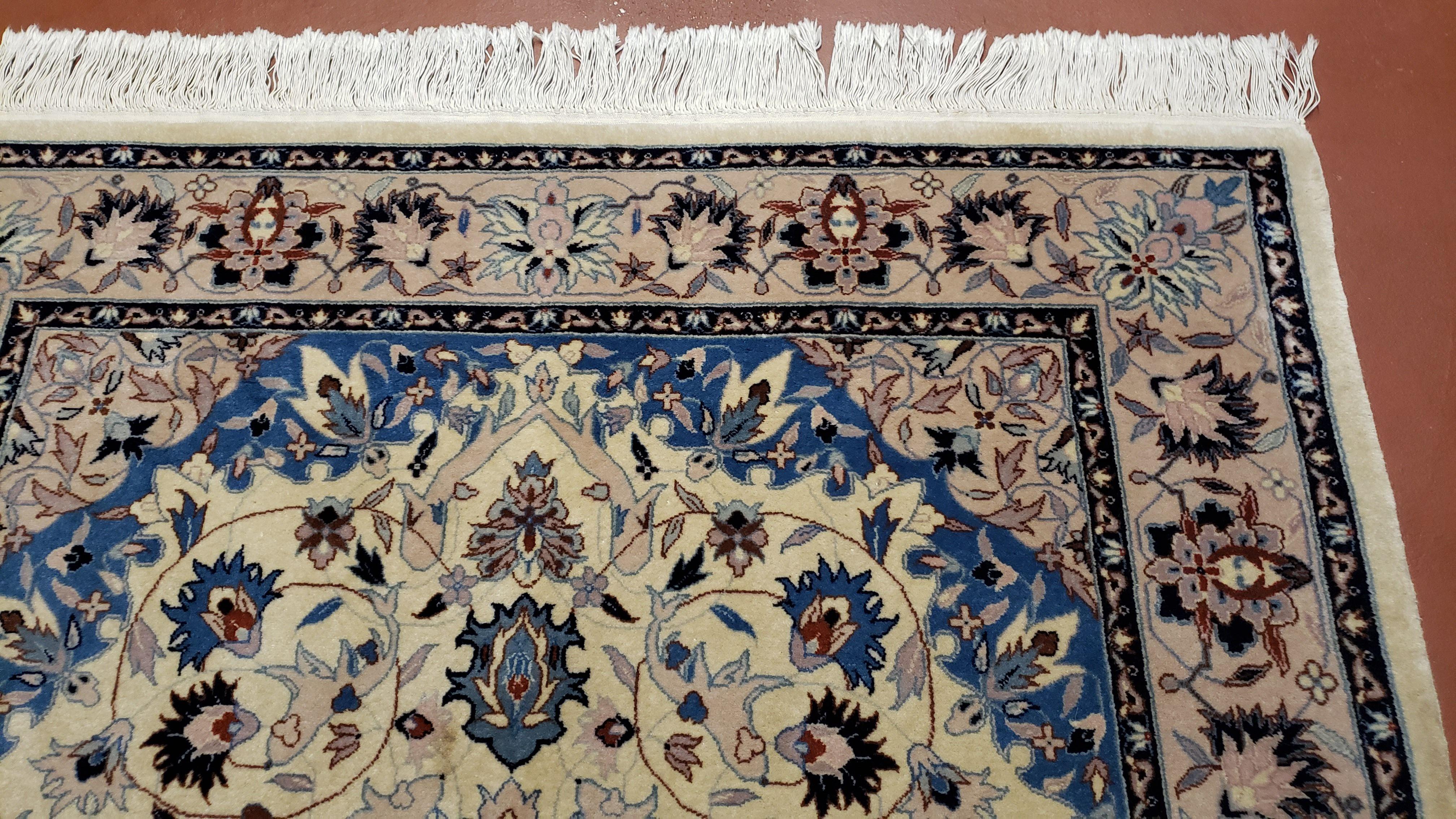 Sino Persian Rug 4x6, Ivory and Blue, Vintage Handmade Wool Oriental Carpet - Jewel Rugs