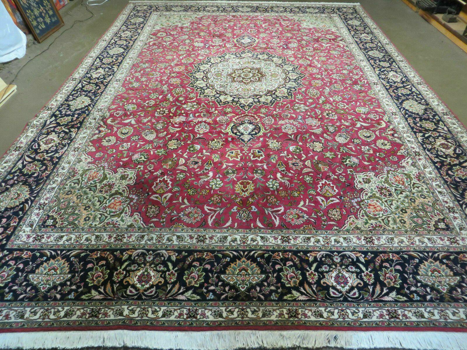 Persian Tabriz Rug 10x14 Oriental Carpet 10 x 14 Wool and Silk Top Quality Fine, Central Medallion Floral Allover, Red, Birds, Hand Knotted Vintage - Jewel Rugs