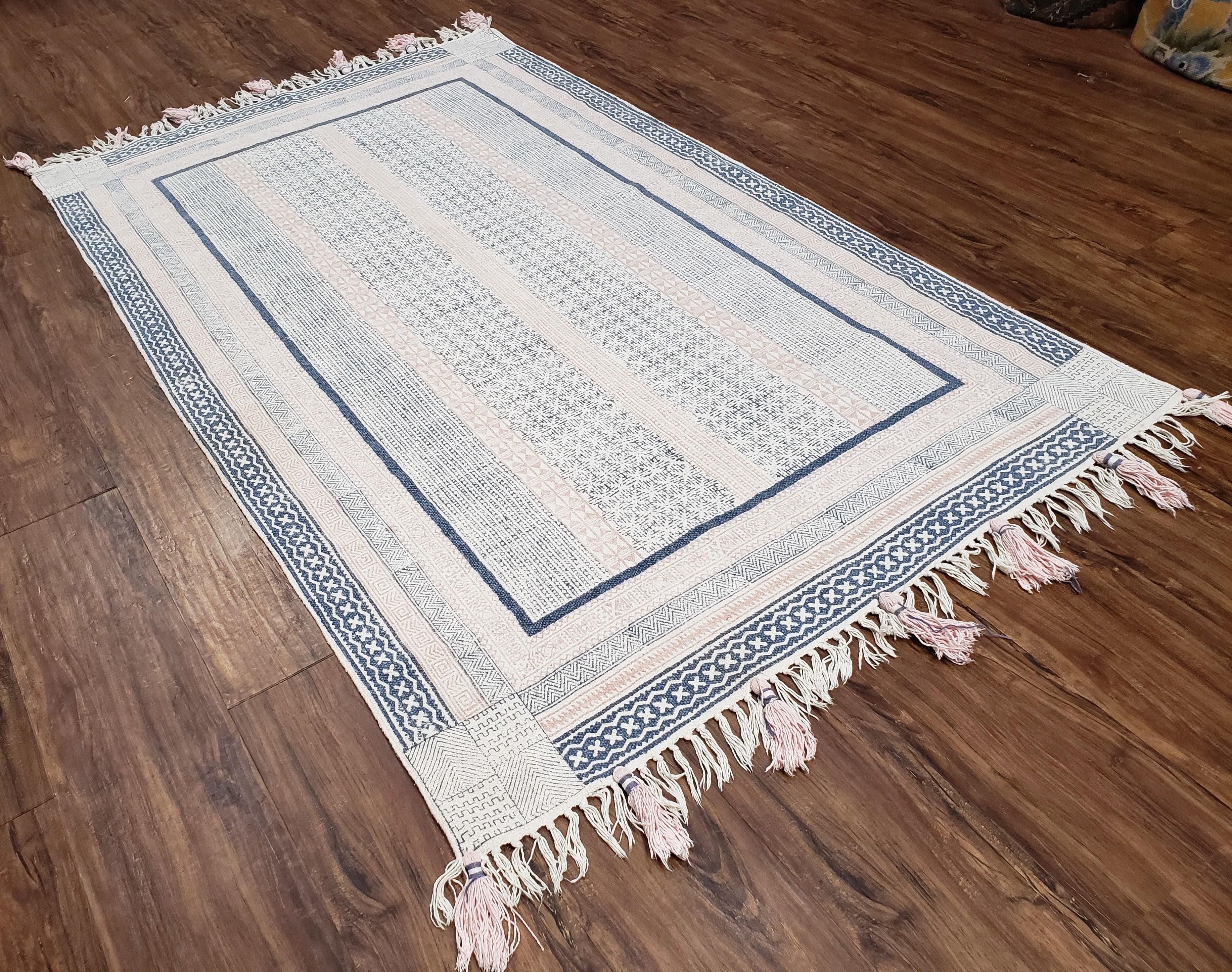 Vintage Moroccan Kilim Area Rug 4x6, Ivory & Blues, Moroccan Wall Hanging, Wool, Handmade, 3'9" x 6' 1", Boho Rug, Flatweave Moroccan Carpet - Jewel Rugs