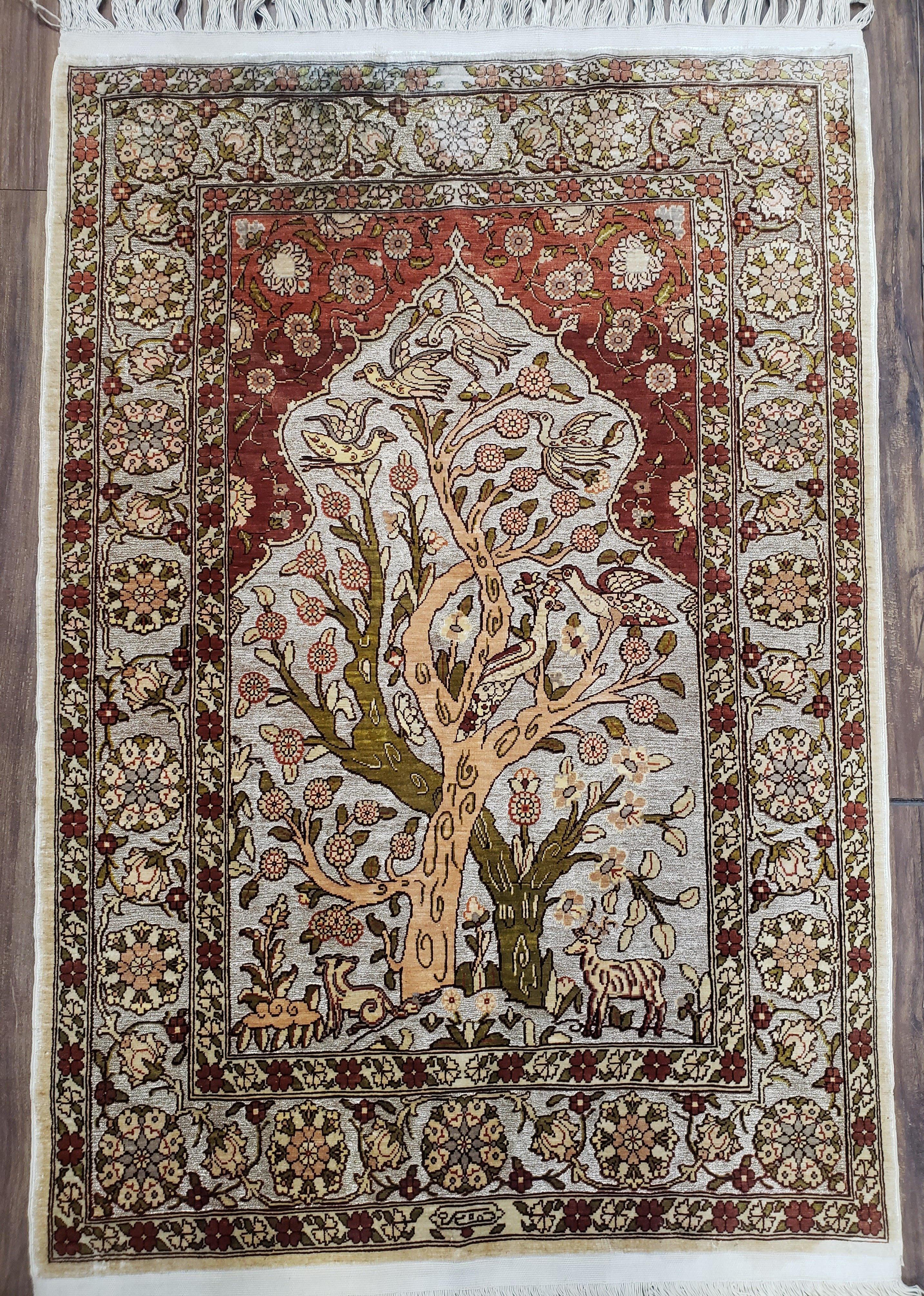 Turkish Hereke Silk Rug with Gold Threads, 2x3 Silk and Gold Oriental Carpet Tree of Life with Animals Very Fine Antique Vintage Top Quality - Jewel Rugs