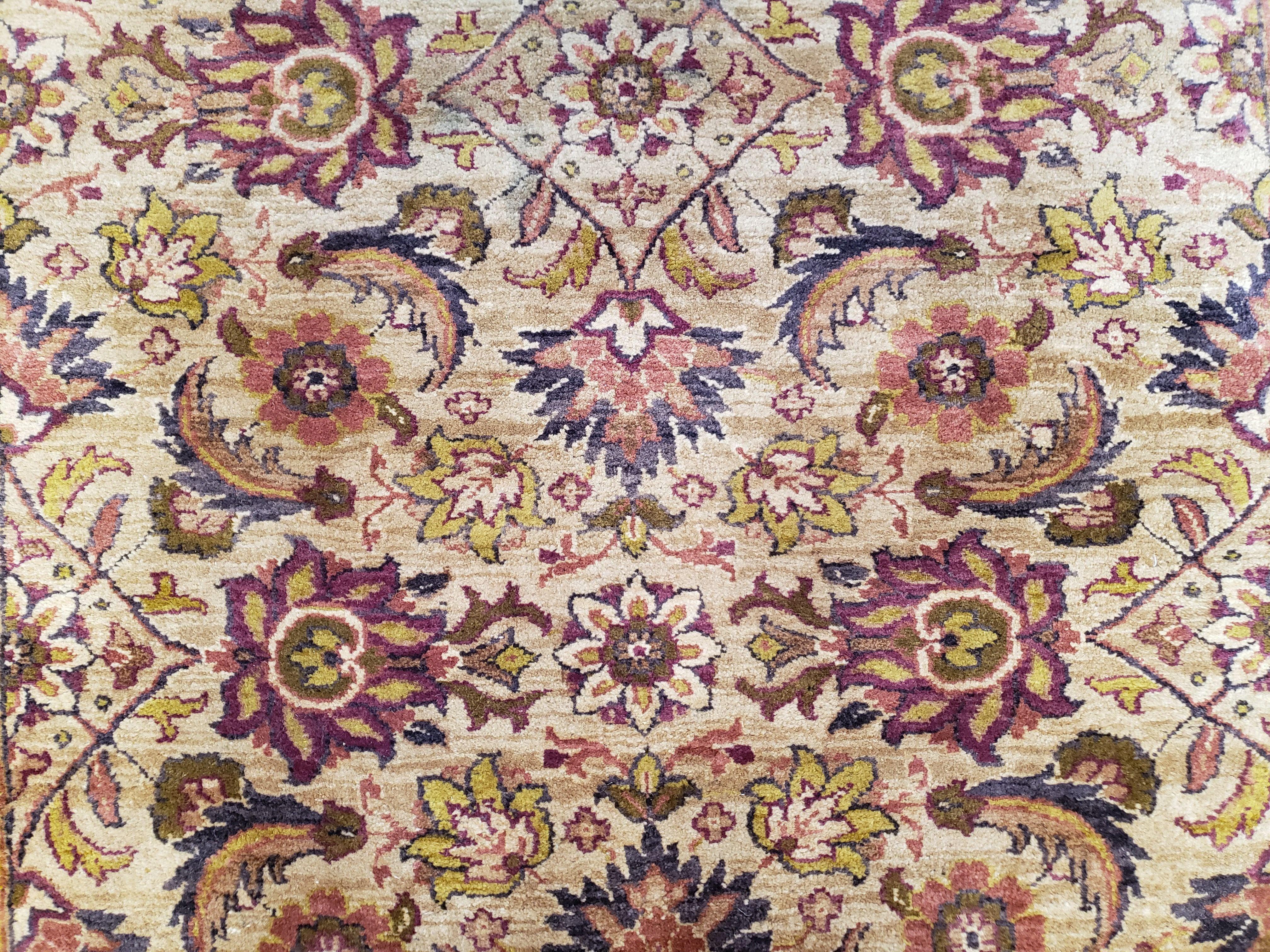 Indian Runner Rug 4x10, Handmade Hand Knotted Wool Oriental Runner Rug 4 x 10 Wide Runner, Vintage Corridor Hallway Runner, Tan Gold Floral - Jewel Rugs