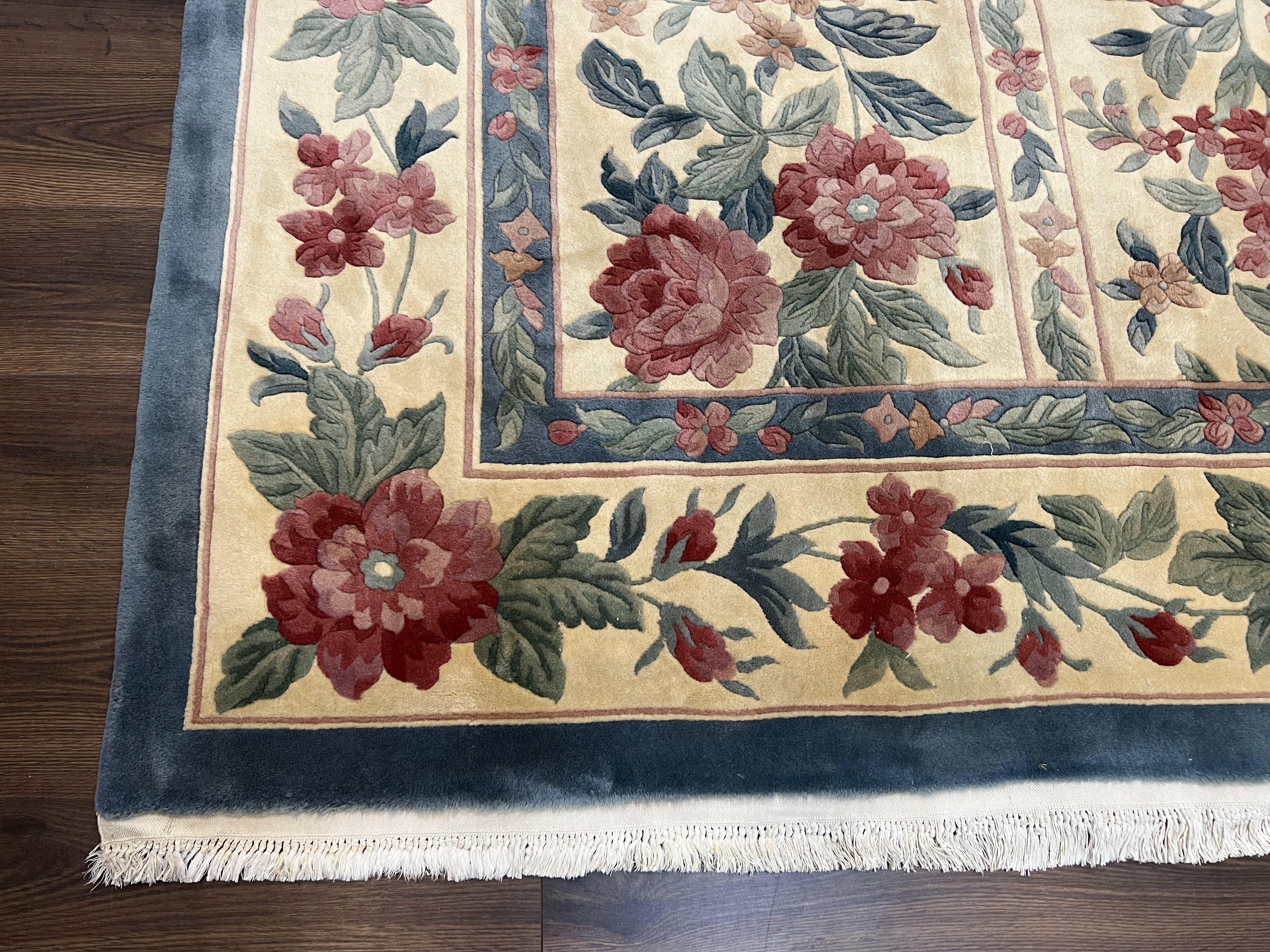 Chinese Wool Rug 8x11, Vintage 1960s Carpet, Cream and Teal, Floral Garden Panel, 8 x 11 ft Area Rug, Soft Handmade Room Sized 120 Line Rug - Jewel Rugs