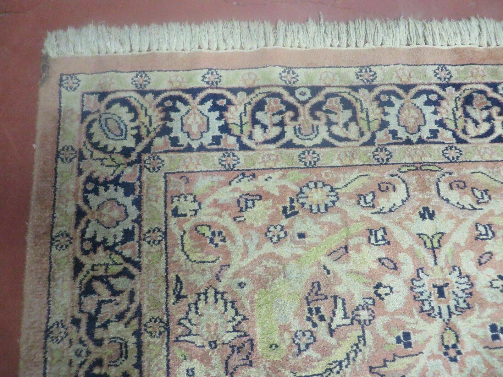 Indian Silk Rug 4x6, Indian Kashmiri Silk Carpet 4 x 6 ft, Vintage Hand Knotted Floral Bird Motifs, Light Pink and Navy Blue, Silk on Cotton - Jewel Rugs