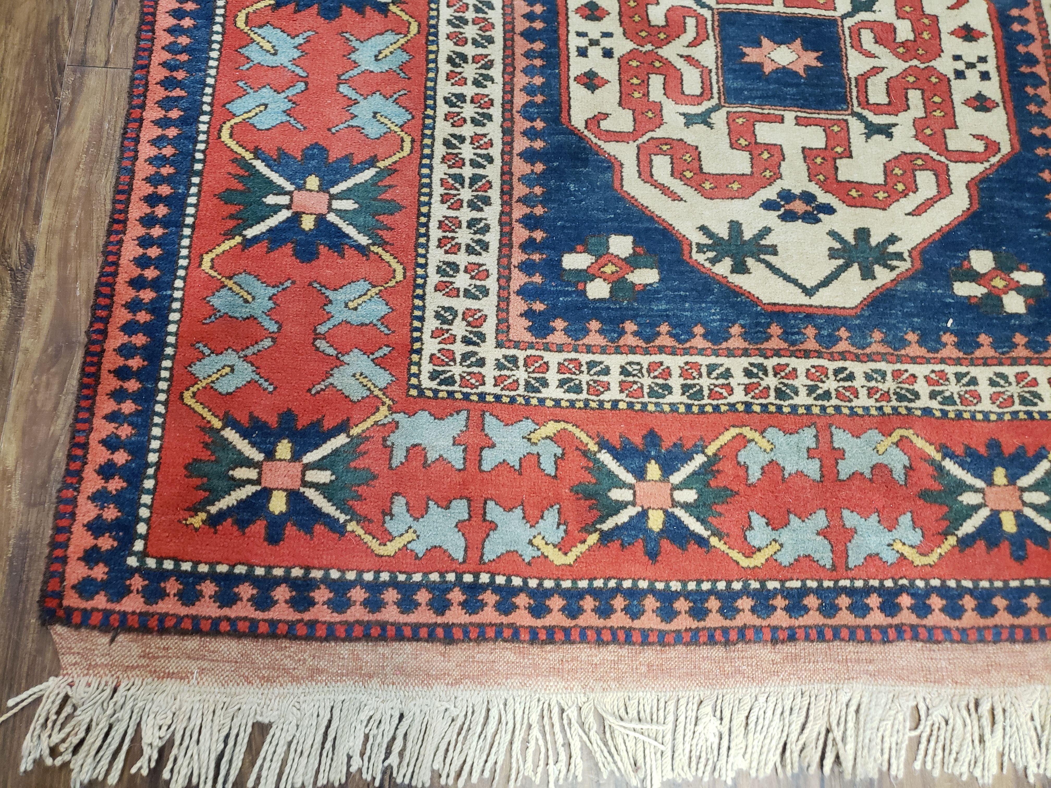 Turkish Kazak Rug 5x6 Vintage Handmade Wool Carpet Geometric Blue Red - Jewel Rugs