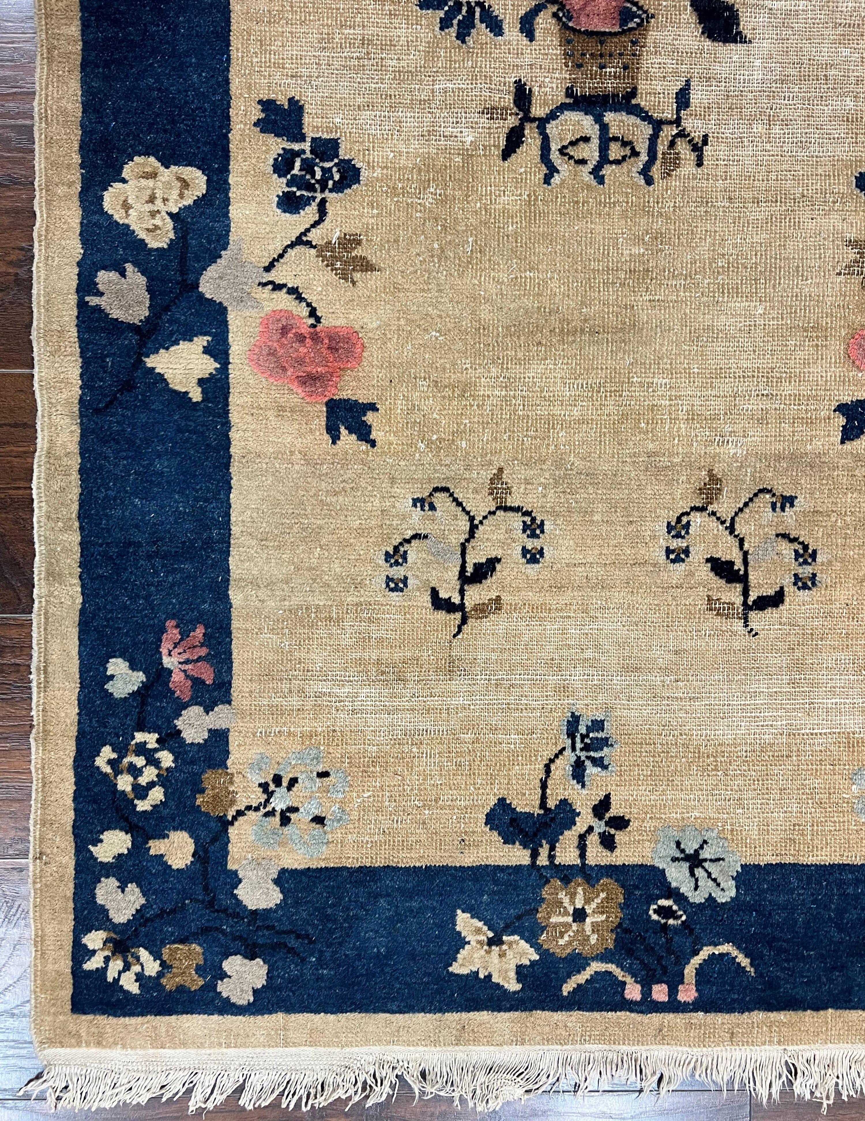 Antique Chinese Peking Rug 3x6, Beige and Dark Blue Hand Knotted Handmade Asian Oriental Carpet, Floral Vases, Vintage Wool Art Deco Rug - Jewel Rugs