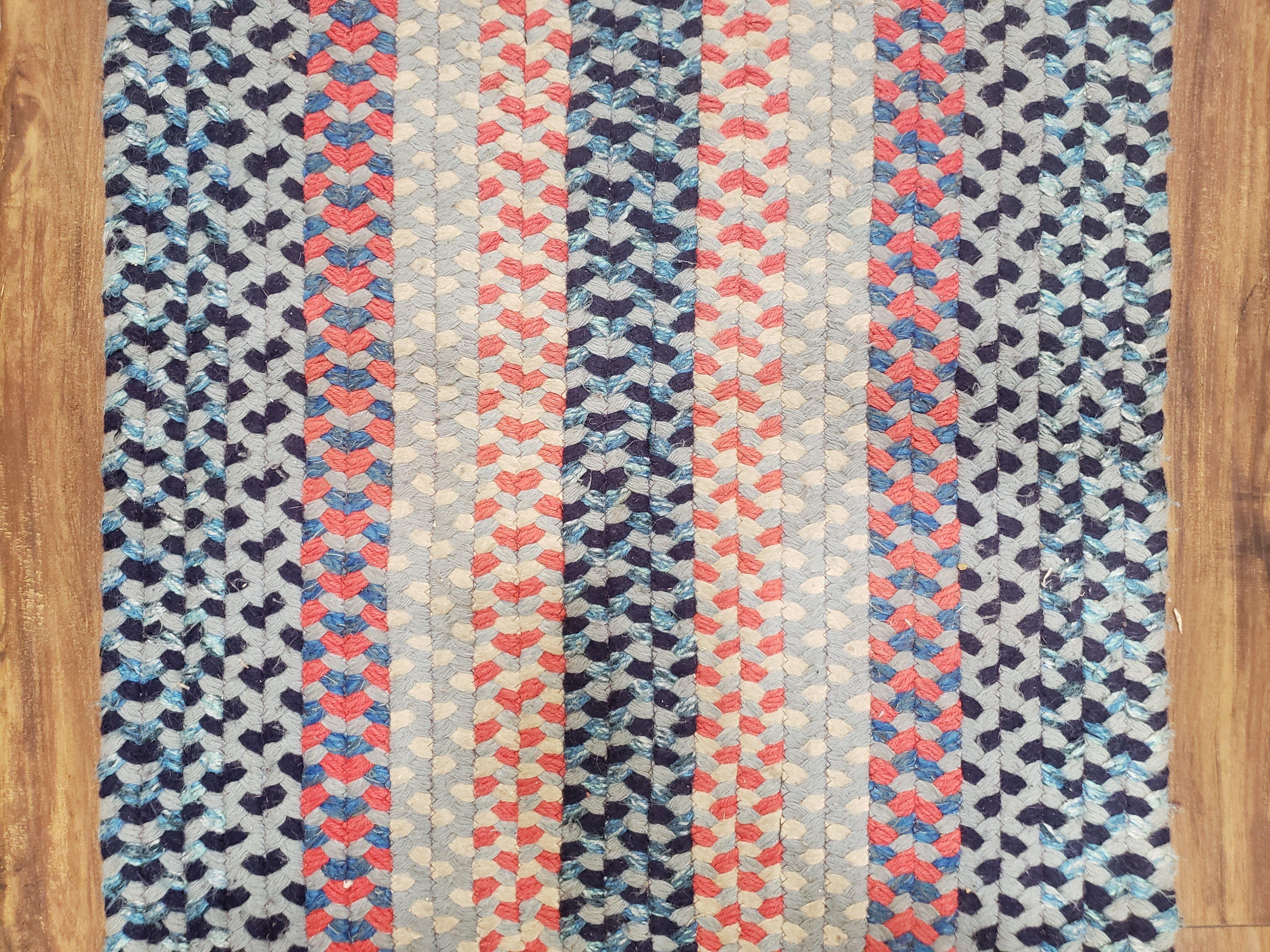 Oval Braided Rug, American Braided Rug, Multicolor Colorful, Blue Teal Cream Pink, 2x4 Oval Rug, Vintage 1960s Rug - Jewel Rugs