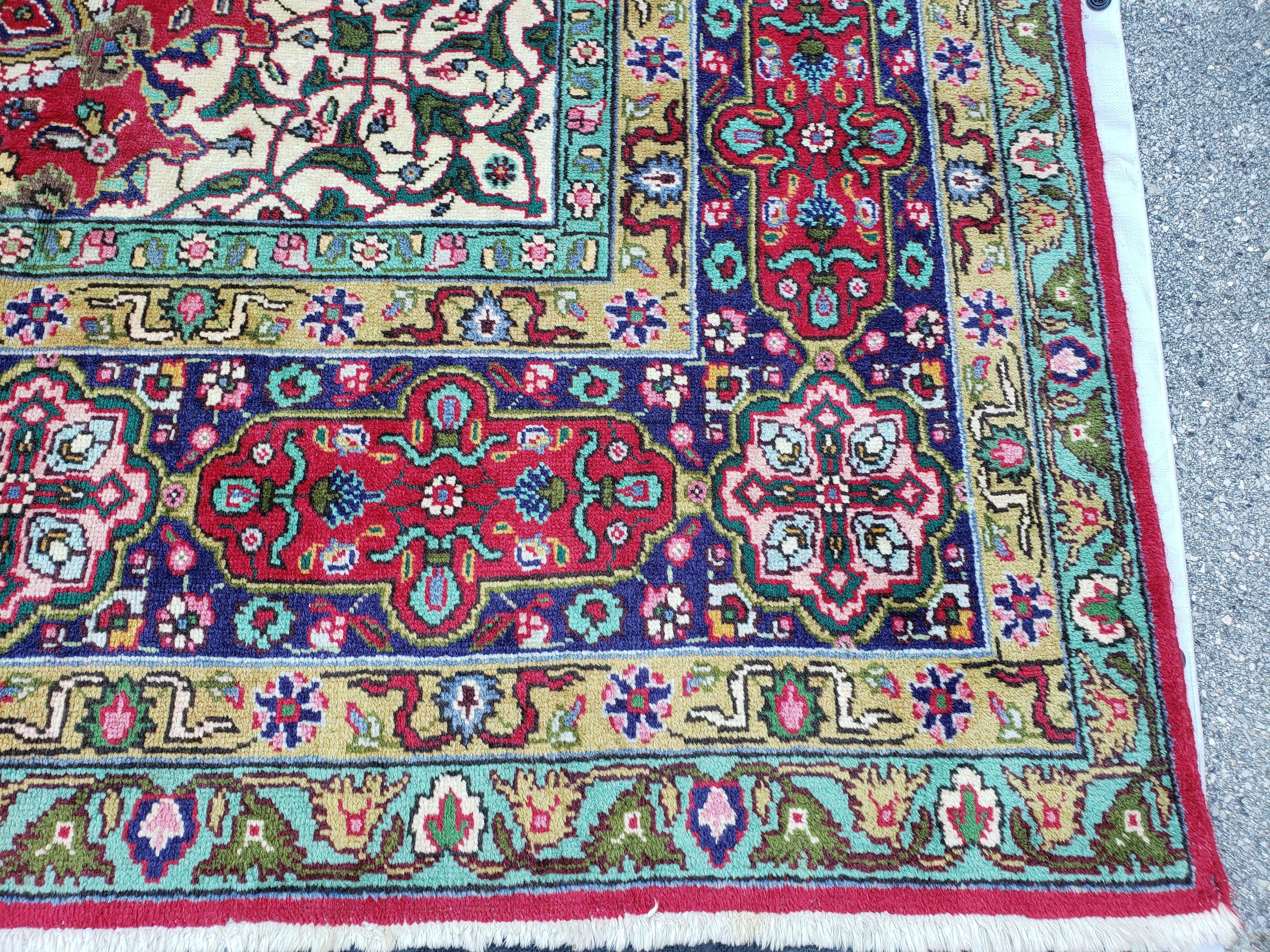 Antique Persian Tabriz Rug 9' 7" x 12' 9", Central Medallion, Persian Vases, Flowers, Curvilinear Vines, Red Blue Ivory, 10x13, Hand-Knotted, Wool, Mustafi Design - Jewel Rugs