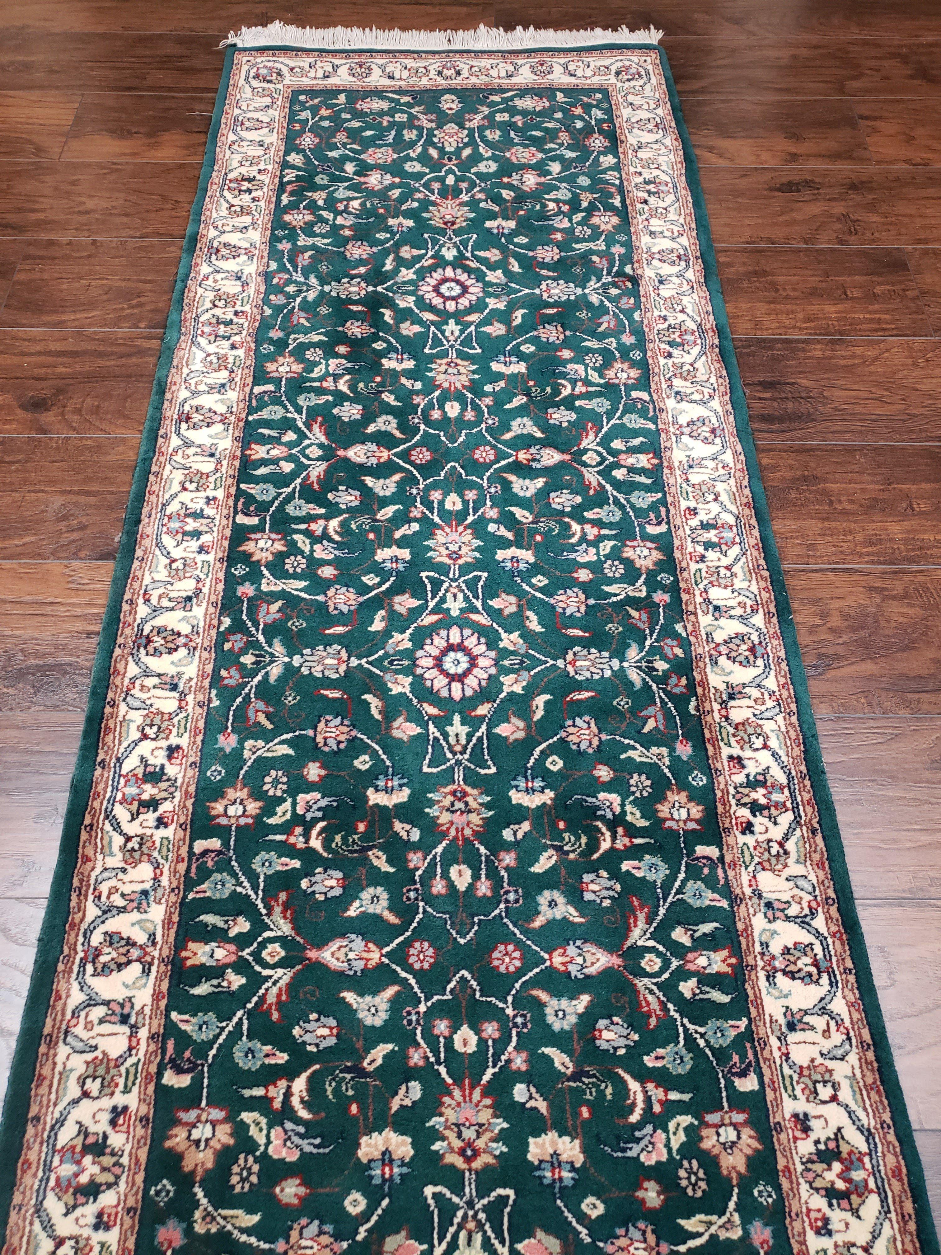 Extra Long Runner Rug 24 ft, Skinny & Long Rug for Hallway Corridor 2.6 x 24 Indo Persian Vintage Wool Rug Green and Cream Handmade Oriental - Jewel Rugs