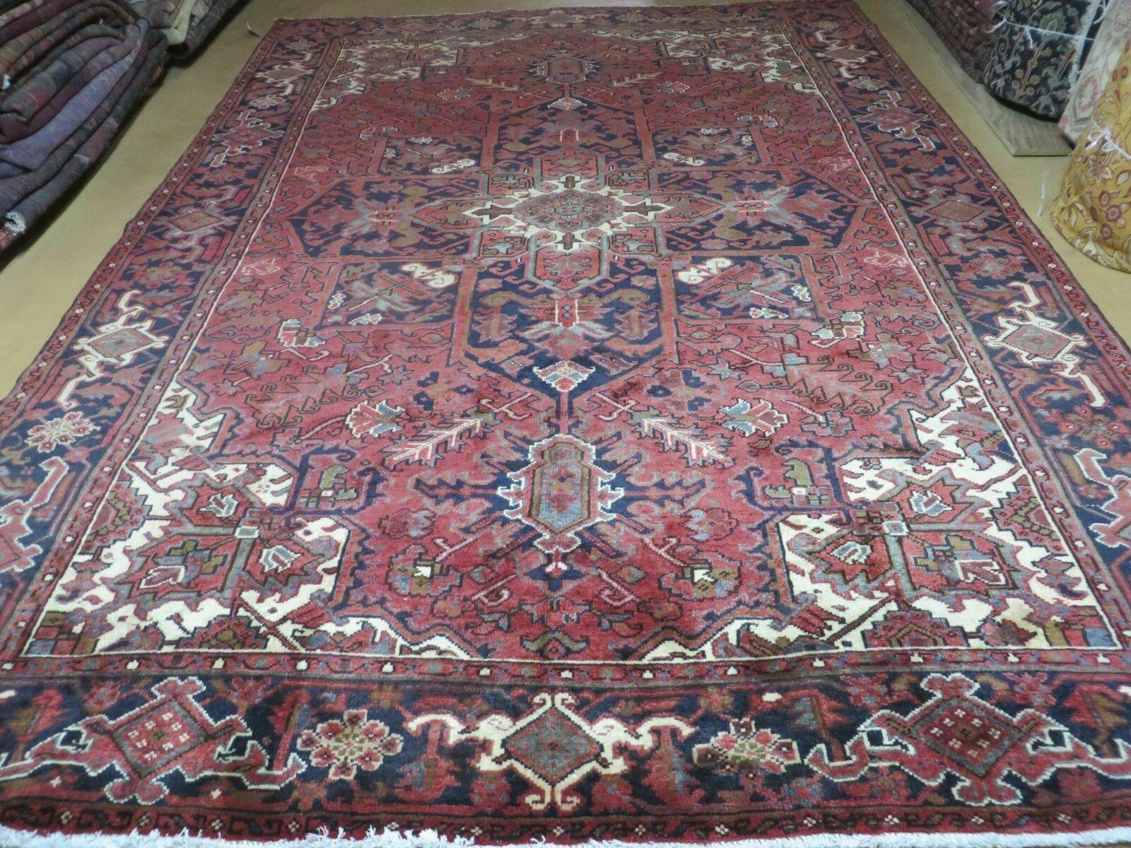 Persian Rug 8x11 Room Sized Heriz Carpet, Hand Knotted Wool Rug, Vintage Semi Antique, Geometric Medallion, Wine Red Cream Dark Blue, Wow - Jewel Rugs