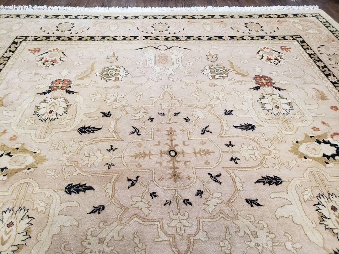 Vintage Pak-Persian Square Room Sized Rug, 8 x 8.8 Hand-Knotted Handmade Wool Carpet Light Taupe Black, Decorative Square Area Rug 8x8 - 8x9 - Jewel Rugs