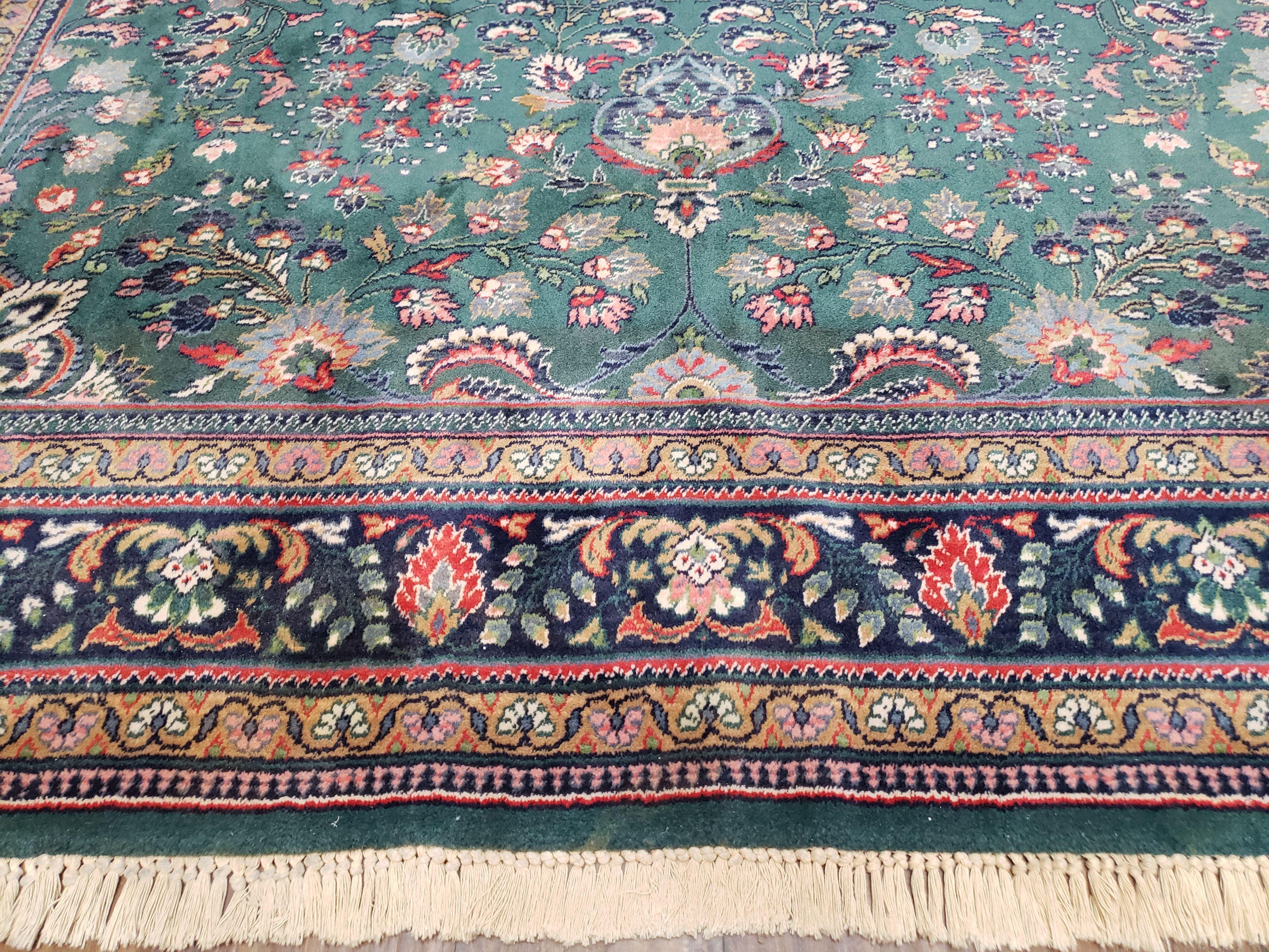 Vintage Traditional Oriental Rug, Pine Green & Midnight Blue Carpet, Louis de Poortere, 8x11 Belgium Power-Loomed Rug, Allover Floral Design - Jewel Rugs