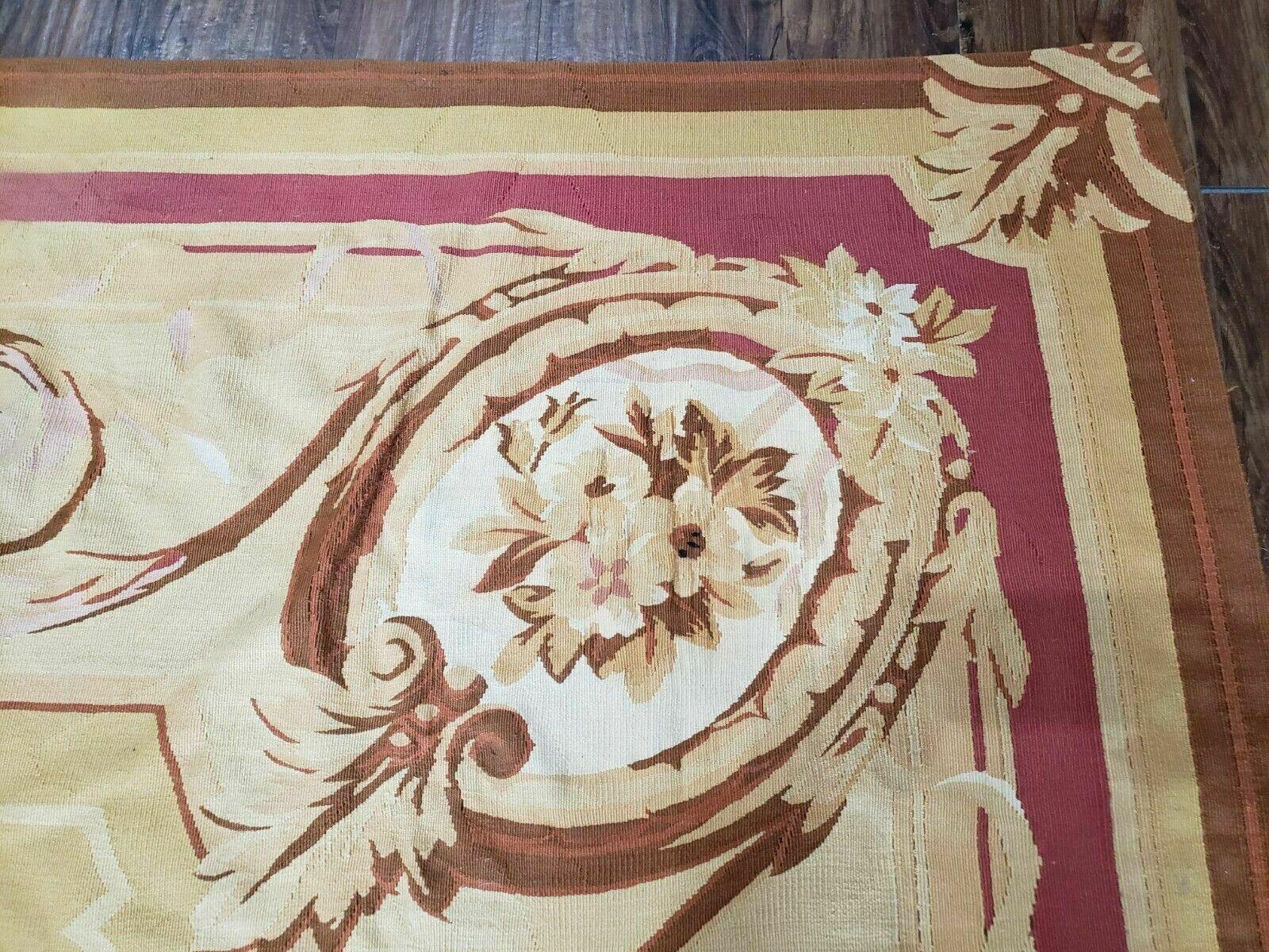 Aubusson Rug 10x13, Savonneire Carpet 10 x 13 ft, Handmade Vintage Flatweave Room Sized Wool Floral Aubusson, Cream/Tan Ivory Reds Pinks - Jewel Rugs