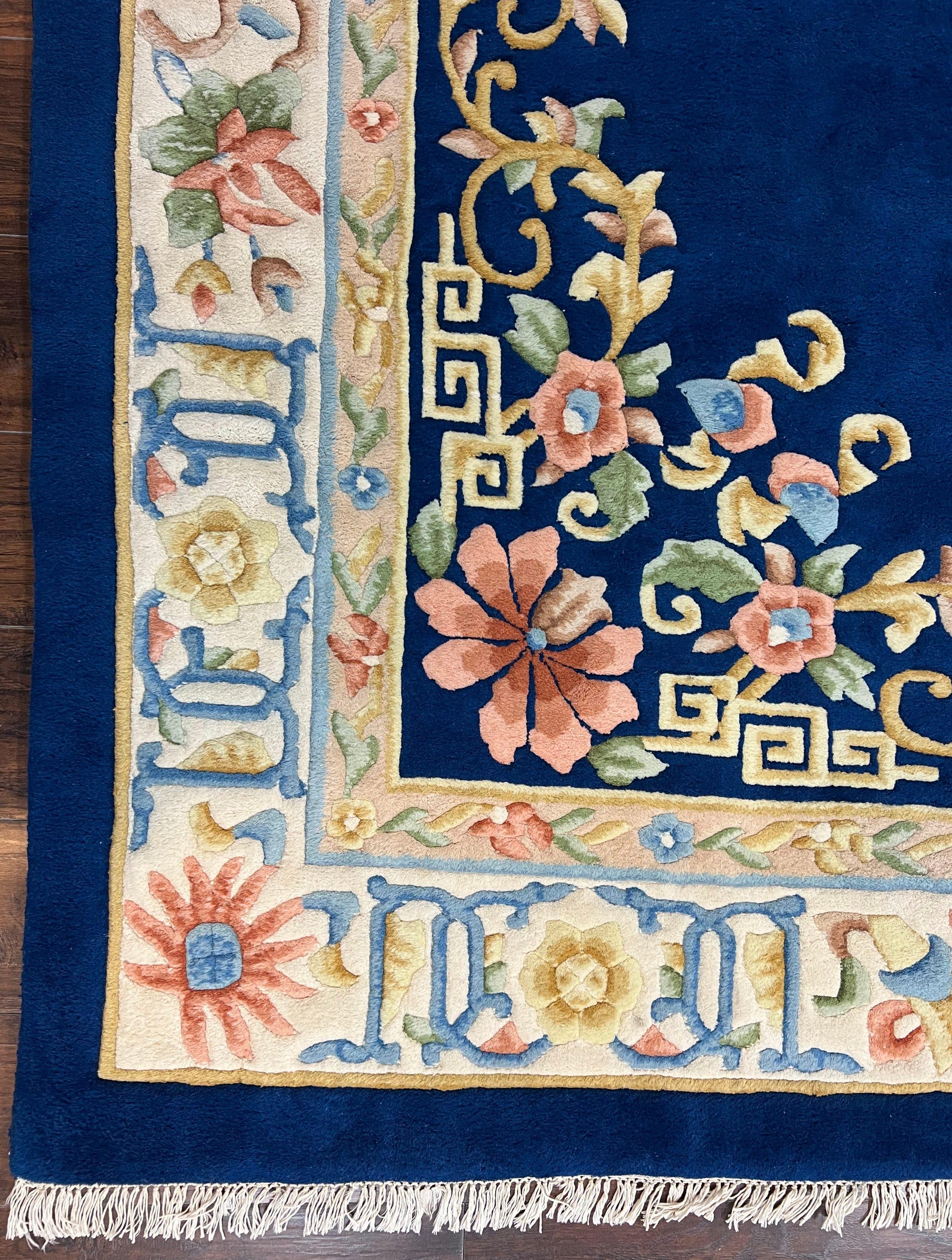 Indo Chinese Wool Rug 10x14, Navy Blue and Beige Hand Knotted Large Asian Oriental Carpet 10 x 14, Handmade Art Deco Vintage Floral Rug - Jewel Rugs