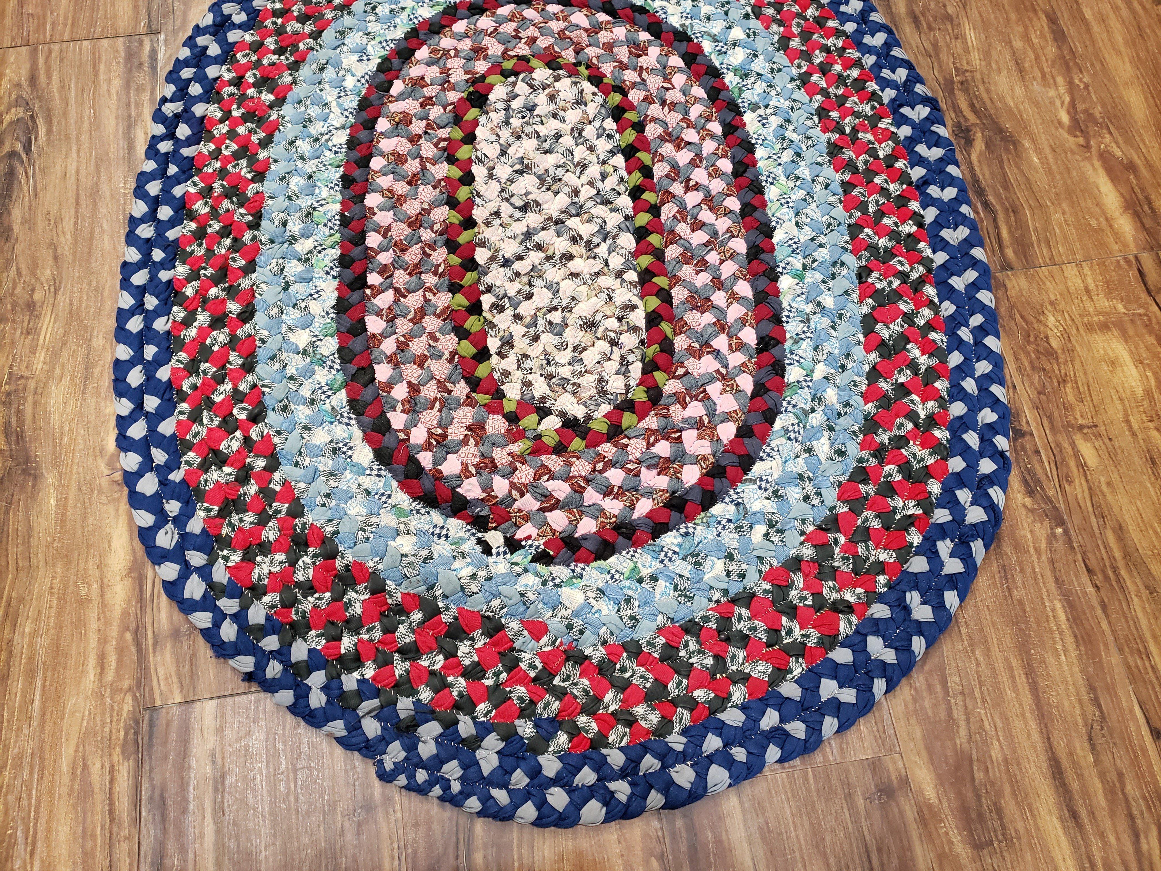 Oval Braided Rug, Vintage Hand Braided Rug, Blue Oval Rug, Multicolor Braided Rug, American Braided Rug, Small Oval Braided Rug, Area Rug - Jewel Rugs
