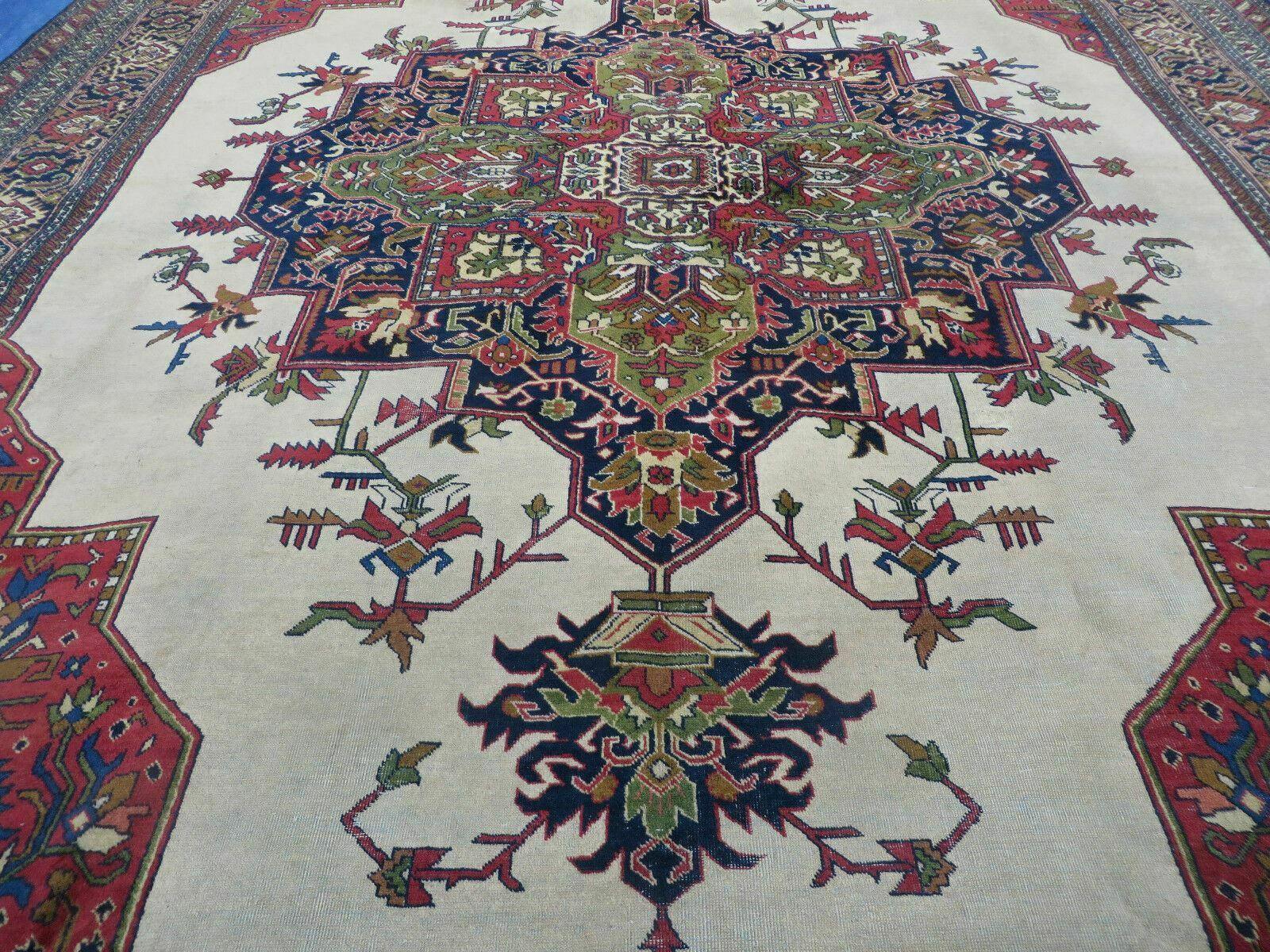 Persian Tabriz Rug 10x13 Oriental Carpet, Ivory Open Field, Geometric Medallion, Red Blue, Hand Knotted, Large Wool Area Rug Vintage Antique 1950s - Jewel Rugs