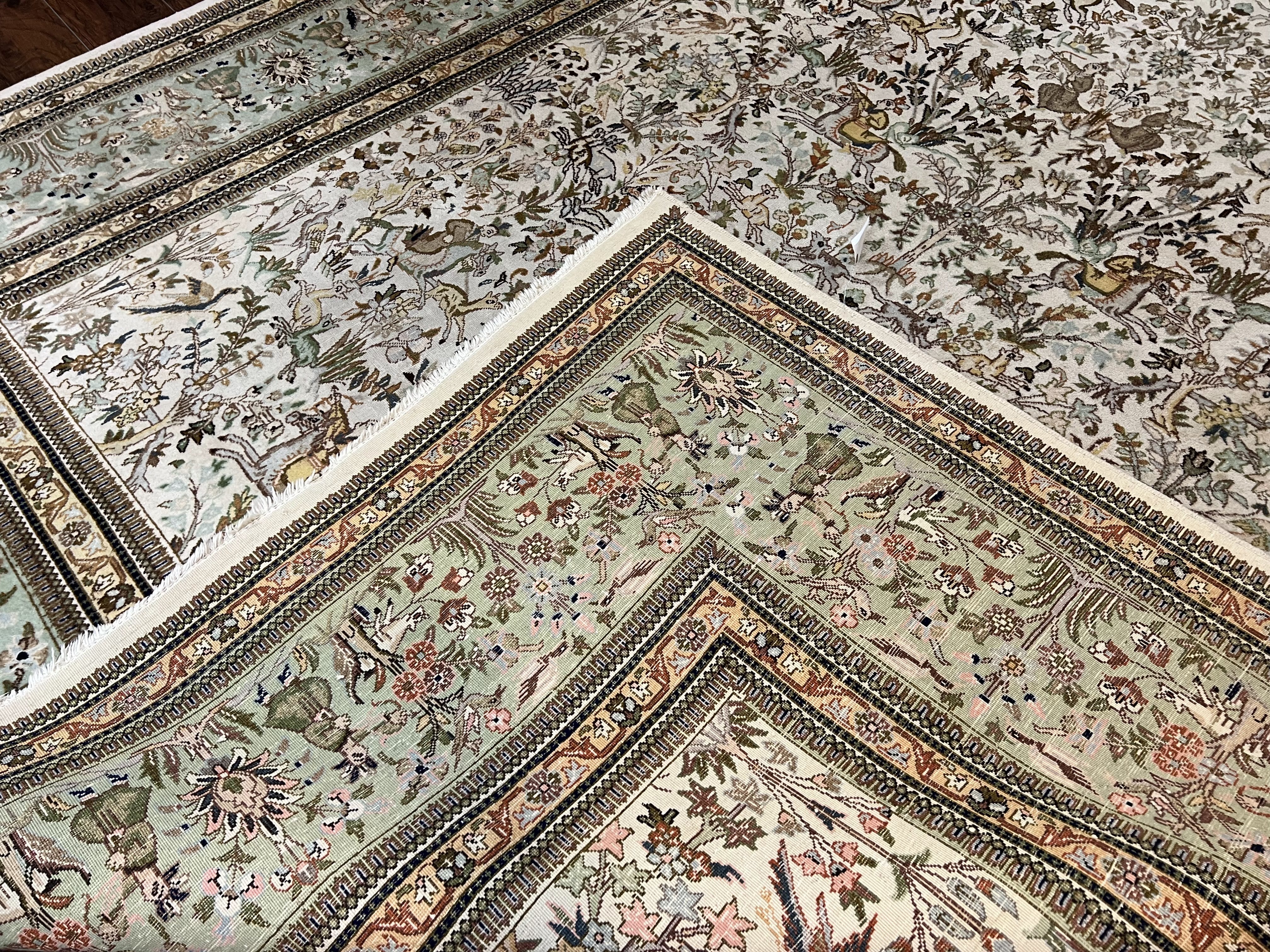 Wonderful Persian Tabriz Rug 10x16, Ivory and Light Green Oriental Carpet, Large Wool Handmade Rug 10 x 16, Floral, Hunting Scene Horsemen Animals - Jewel Rugs