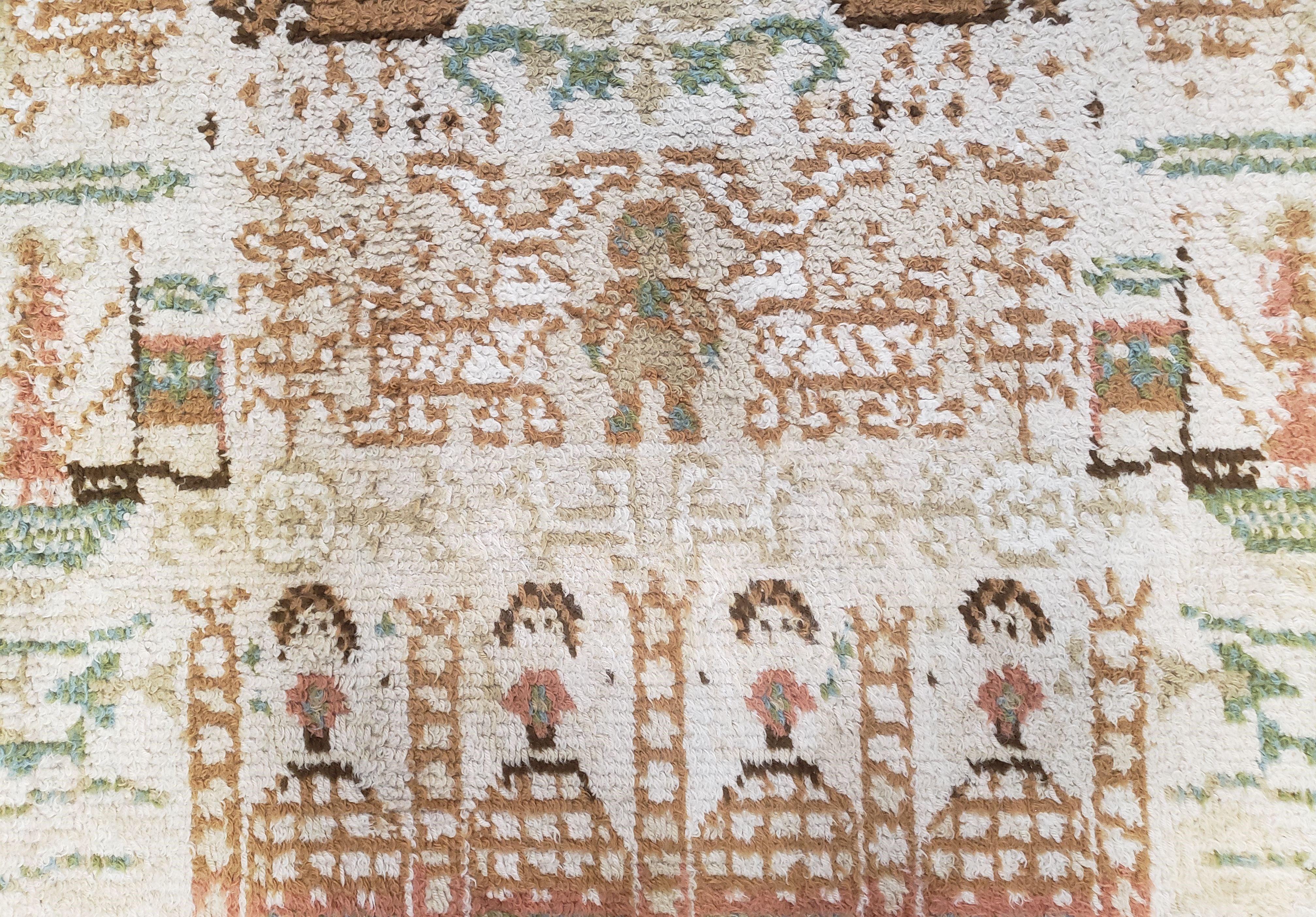 Vintage Scandinavian Area Rug, Rya Shag Rug, Wool, Beige & Carribbean Coral, Scandinavian Folk Art Rug, Human Motifs, Boats, Vikings, 6x9 - Jewel Rugs